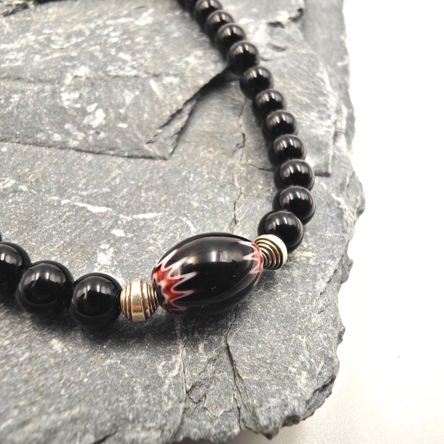 Black Onyx African Trade Bead Necklace, 925 Silver, Ethnic Tribal Boho Statement