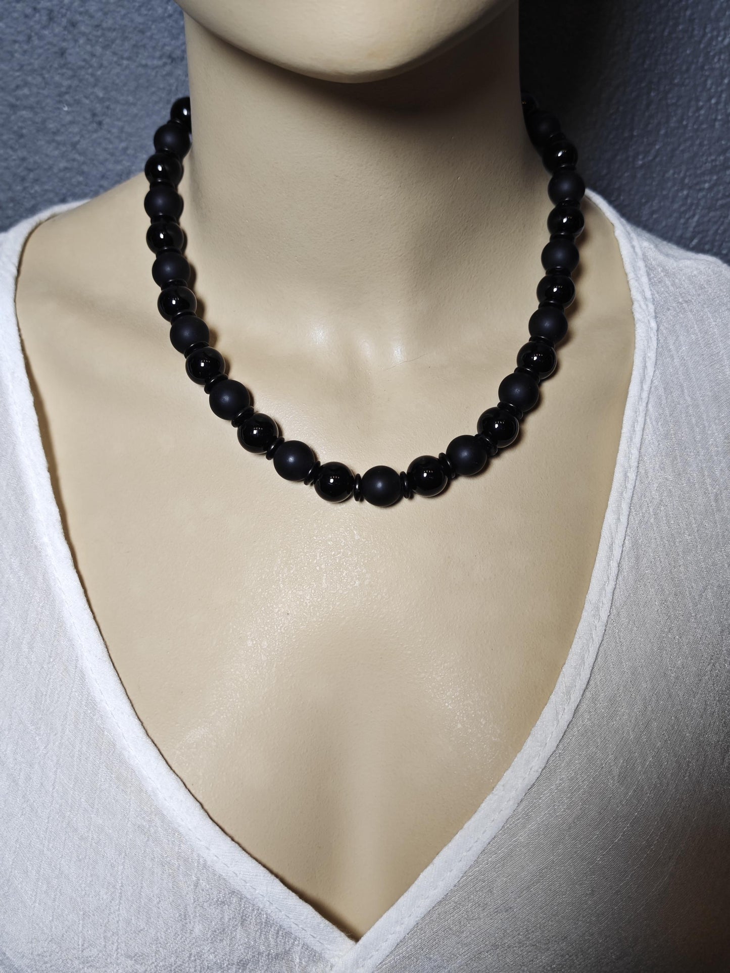 Matte Glossy Black Onyx Necklace, Agate Beaded Choker, Coconut Shell Spacer, Stainless Steel Chain, Goth Minimalist Unisex Jewelry 43cm