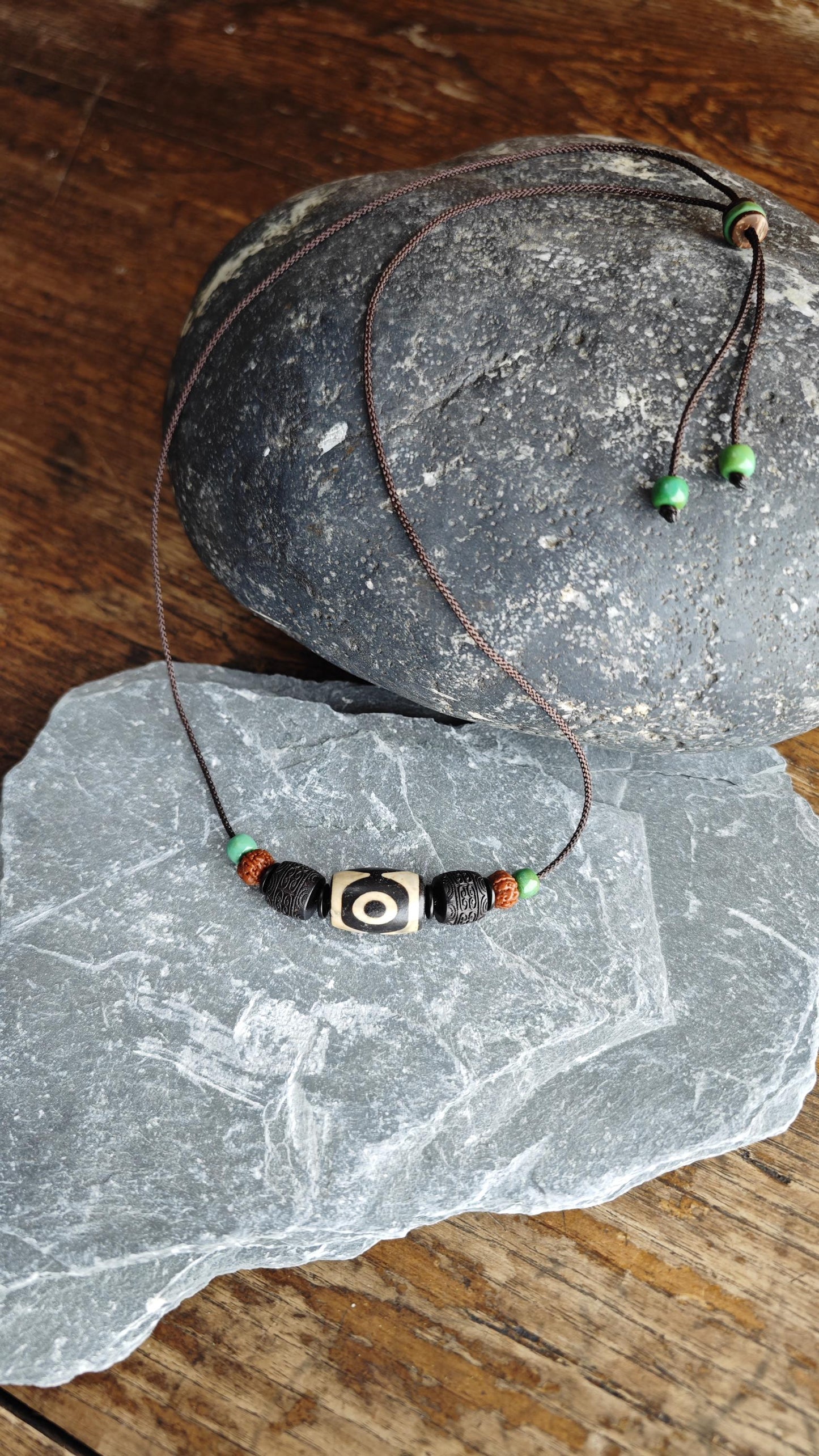 Vintage Tibetan Dzi Bead Necklace, Hand-Carved Hardwood, Rudraksha Mala, Turquoise Pendant