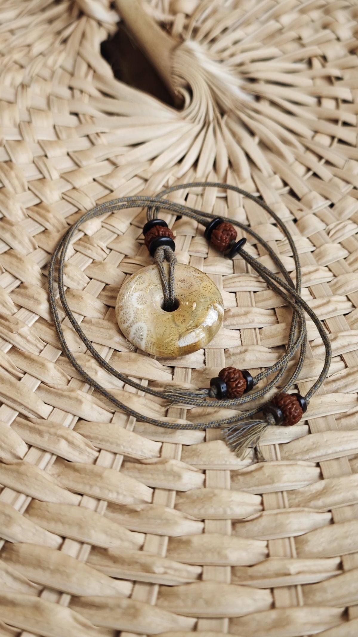 Coral Fossil Donut Pendant, Fossilized Coral Pi Disc Necklace, Rudraksha Mala Bead, Tribal Boho Amulet, Adjustable Cord Gift 40-70cm