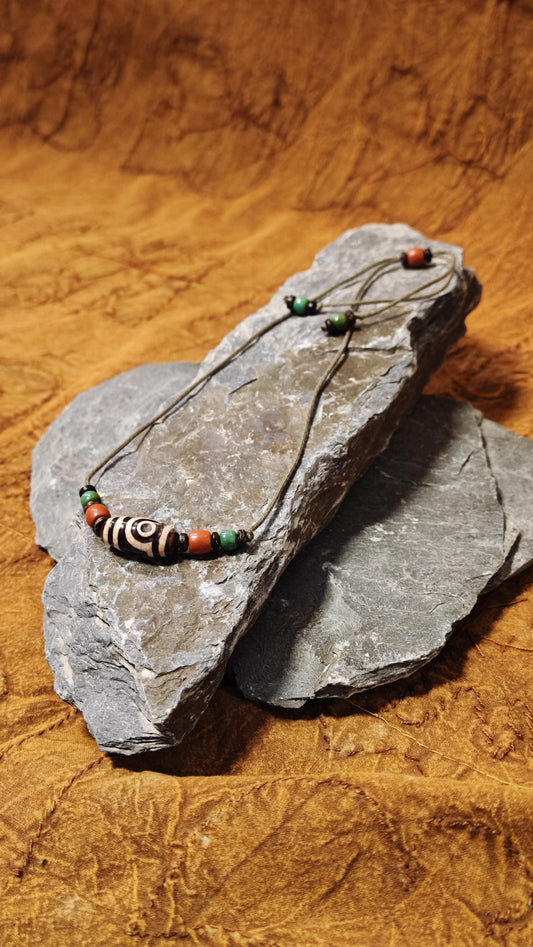 Vintage Tibetan Dzi Bead Necklace, Nan Hong Red Agate, Turquoise Tribal Pendant (40-60cm)
