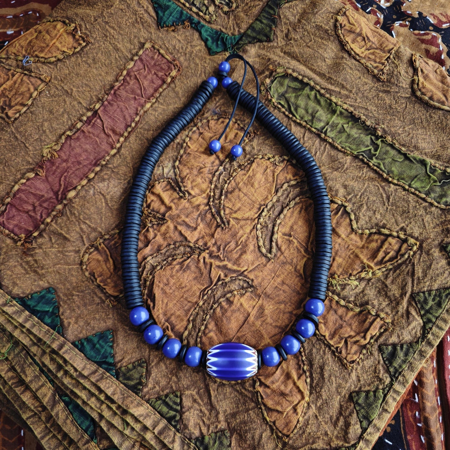 Large African Trade Bead Necklace with Lapis Lazuli & Coconut, Ethnic Tribal Bohemian Jewelry