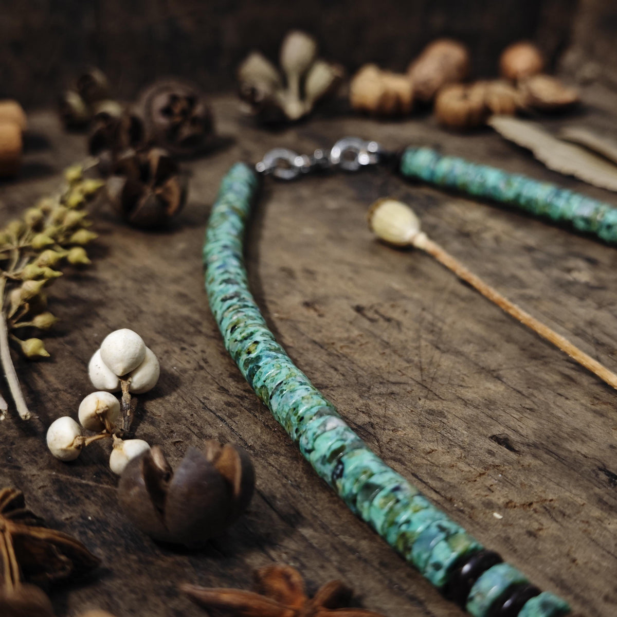 Handmade Vintage Dzi Bead Necklace with Turquoise & Coconut | Ethnic Spiritual Jewelry