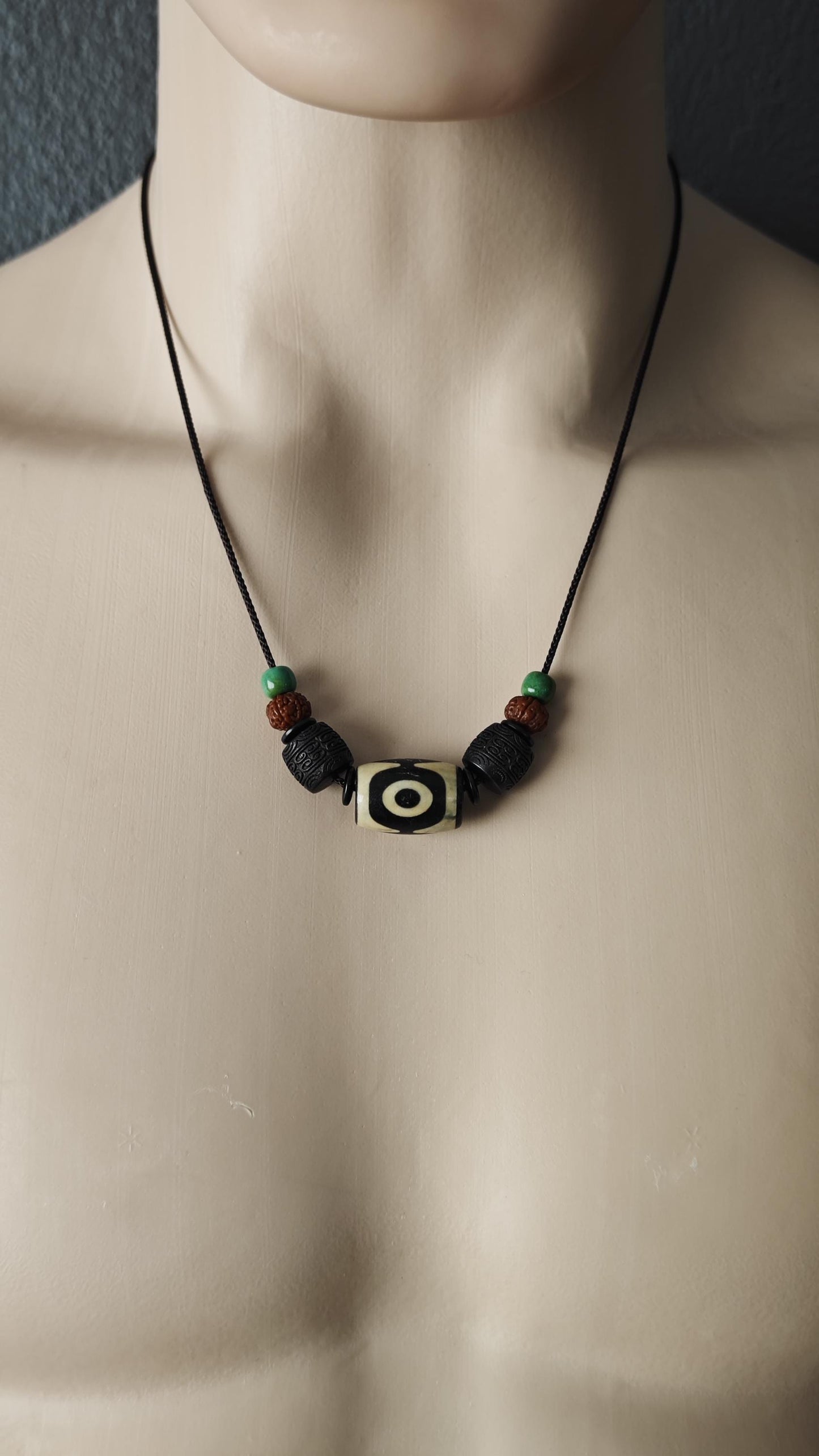 Vintage Tibetan Dzi Bead Necklace, Hand-Carved Hardwood, Rudraksha Mala, Turquoise Pendant