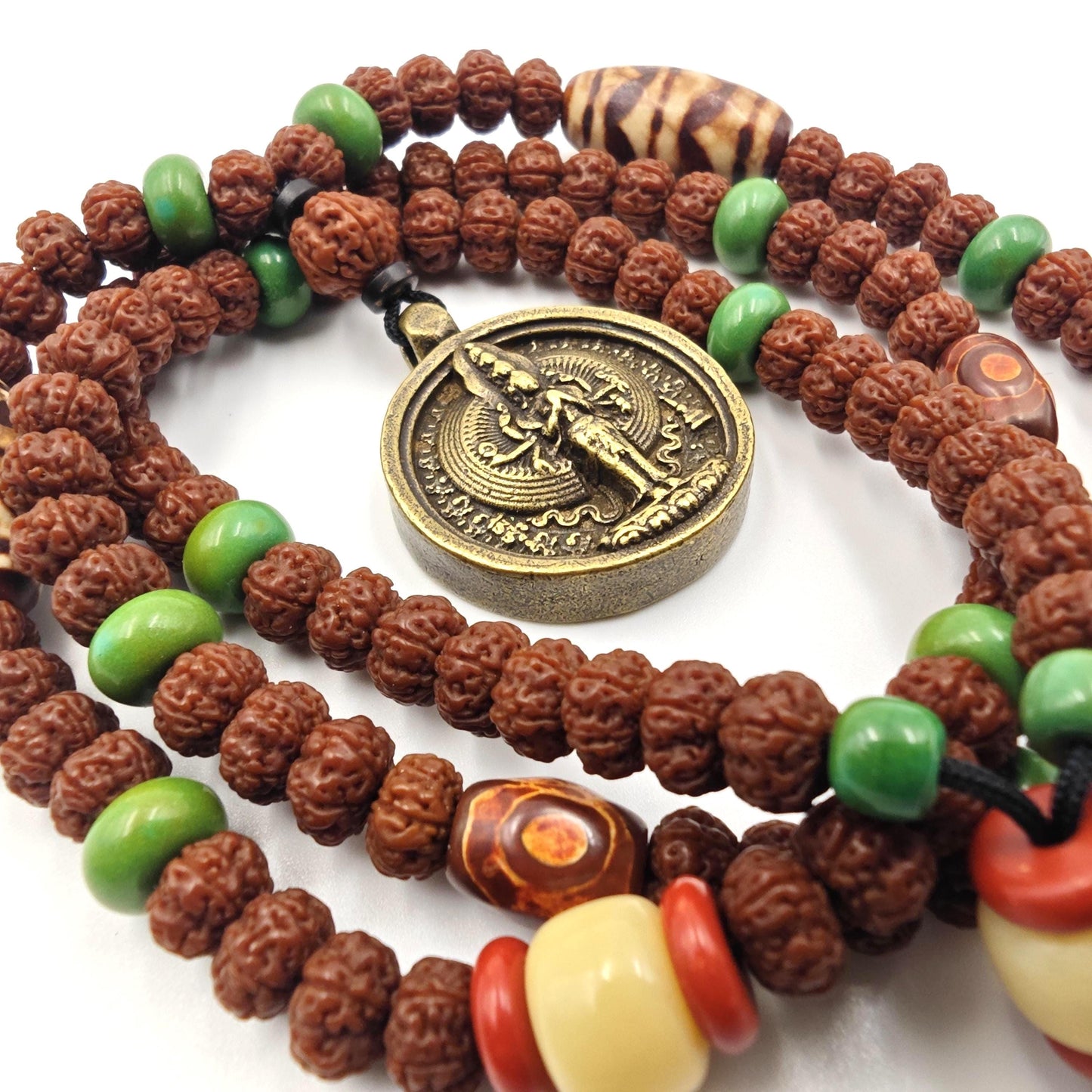 Vintage Tibetan Dzi Bead Necklace, Brass Amulet Pendant, Long Tribal Mala 80cm, Yak Bone & Turquoise Boho Jewelry, Spiritual Yoga Gift