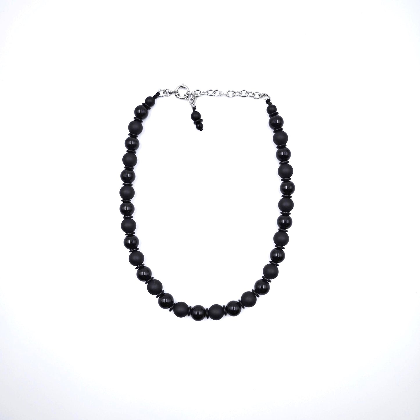 Matte Glossy Black Onyx Necklace, Agate Beaded Choker, Coconut Shell Spacer, Stainless Steel Chain, Goth Minimalist Unisex Jewelry 43cm