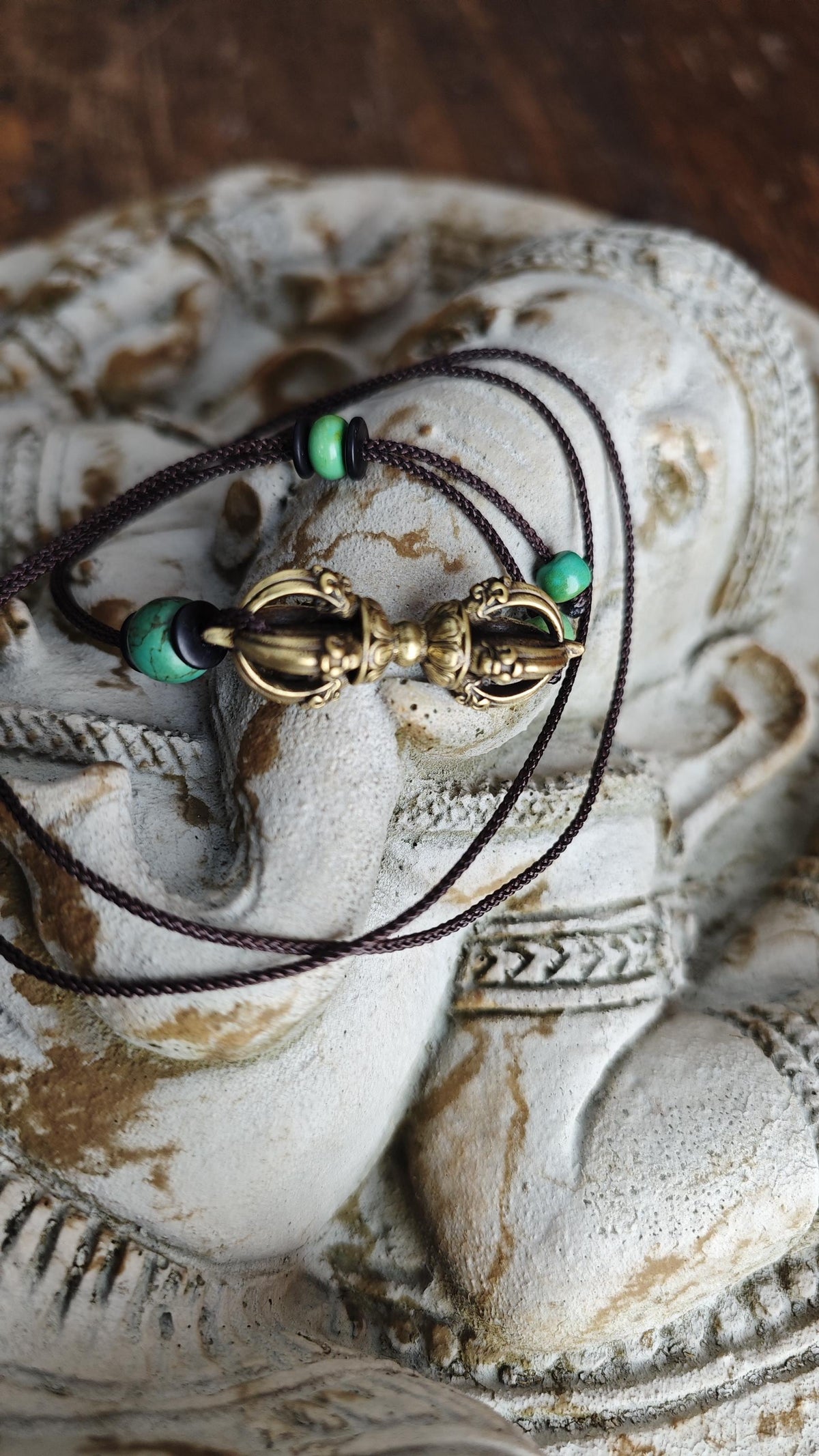 Brass Dorje Vajra Pendant Necklace, Turquoise Gemstone Choker, Tibetan Protection Amulet, Spiritual Yoga Gift, Adjustable Cord 40-76cm