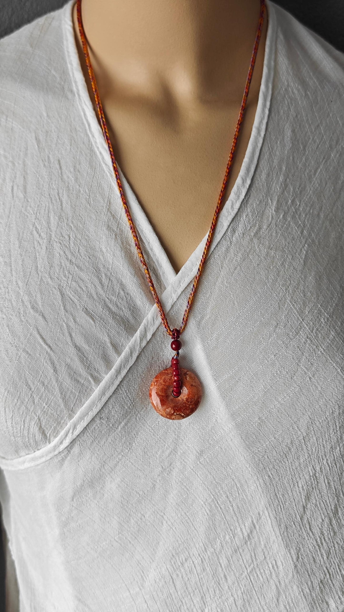 Fossil Coral Donut Pendant Necklace, Fossilized Coral Pi Disc, Tribal Boho Gemstone Amulet, Hand Braided Cord, Adjustable 40-60cm