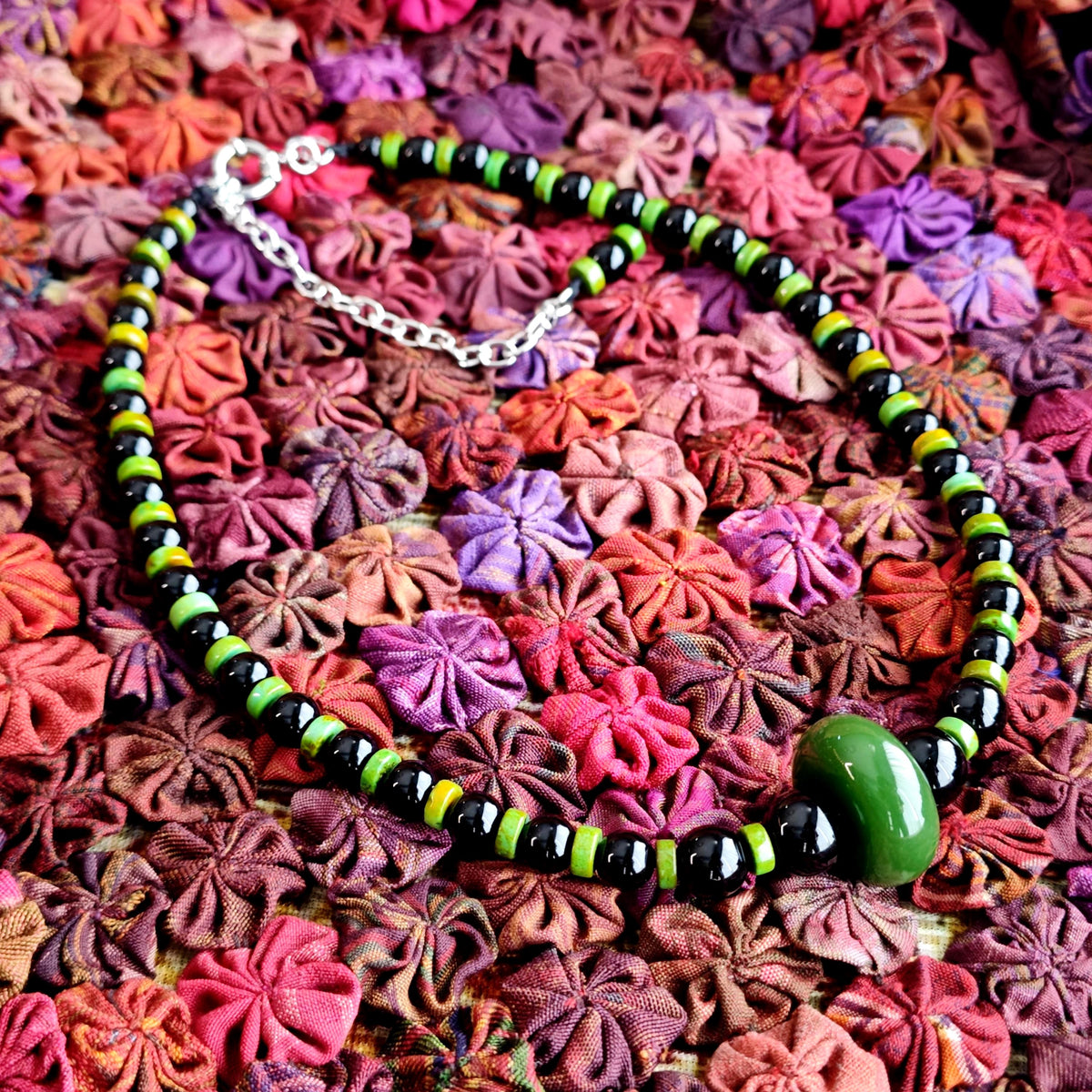 Natural Green Jade Pendant Necklace with Black Onyx & Turquoise | Adjustable Ethnic Bohemian Jewelry