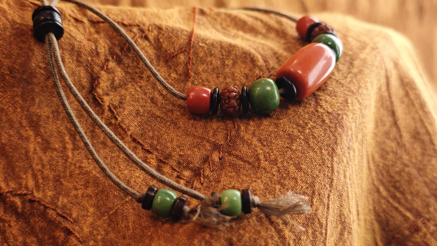Red Agate Om Mani Padme Hum Necklace, Turquoise Rudraksha Mala Choker, Boho Adjustable Cord