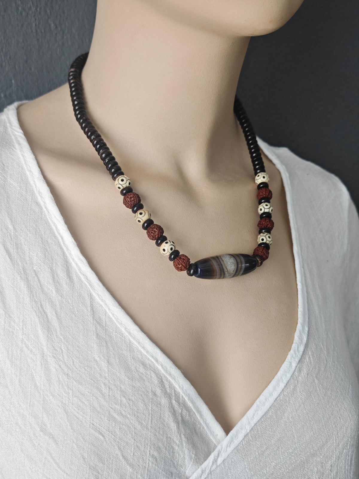 Handmade Sardonyx Agate Necklace with Rudraksha & Yak Bone, Ethnic Spiritual Boho Jewelry
