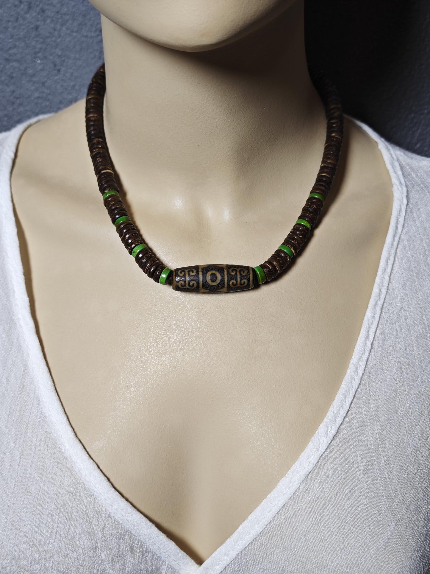 Vintage Tibetan Dzi Bead Necklace, Coconut Shell Heishi Choker, Turquoise Spacer Boho Jewelry, Tribal Mens Surfer Necklace 47cm