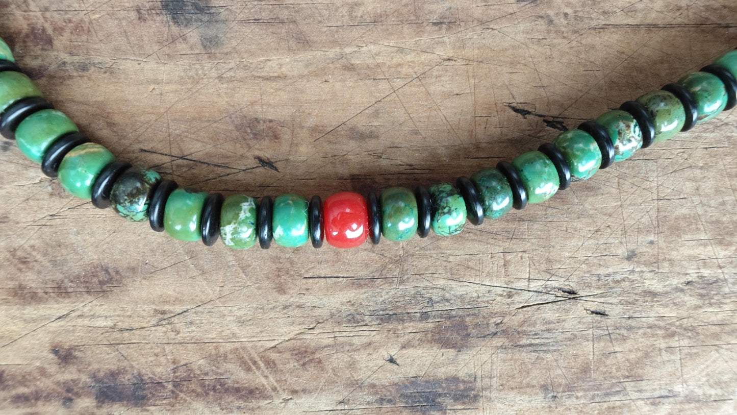 Turquoise Disc Beaded Necklace, Red Agate Accent, Coconut Shell Choker, Unisex Surfer Jewelry (50-58cm)