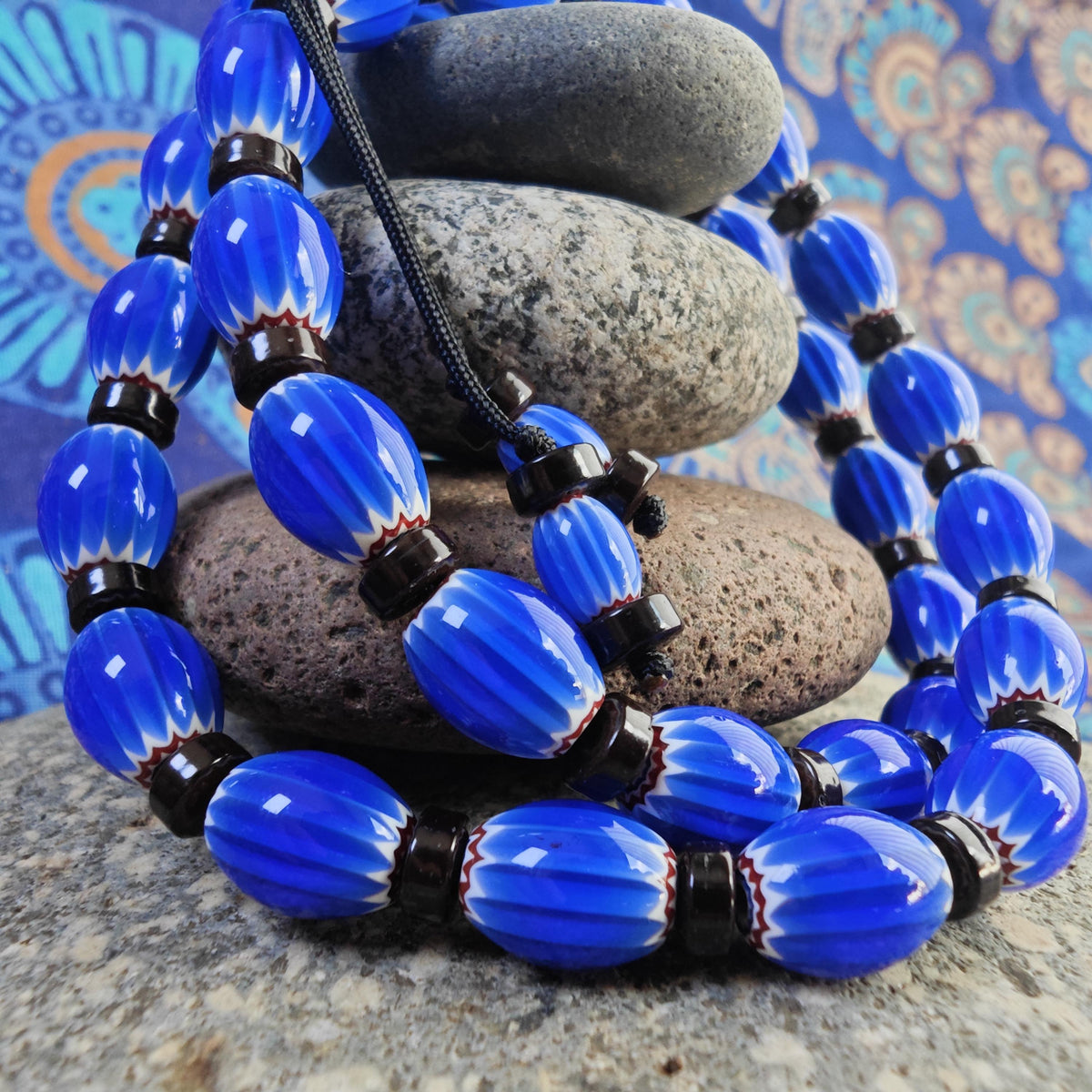 Blue Chevron African Trade Beads Necklace, Coconut Shell Choker, Tribal Boho Glass Jewelry