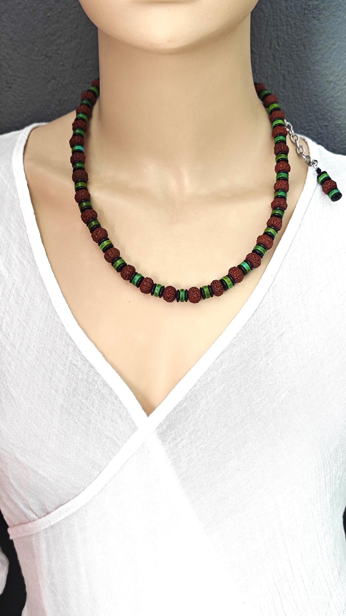 Natural Rudraksha Mala Bead Necklace, Turquoise Coconut Shell Disc, Ethnic Tribal Surfer Jewelry for Men Women, Stainless Steel 53-63cm