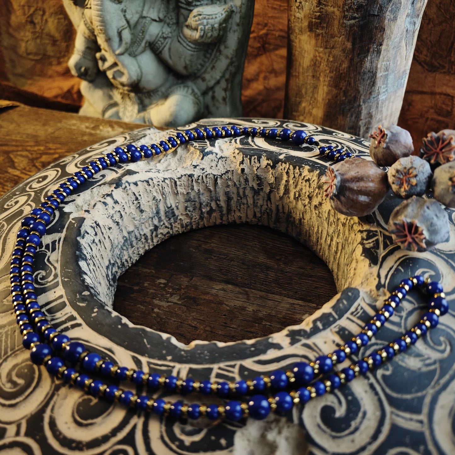 Handmade Long Lapis Lazuli Necklace with Hematite, Spiritual Ethnic Bohemian Jewelry