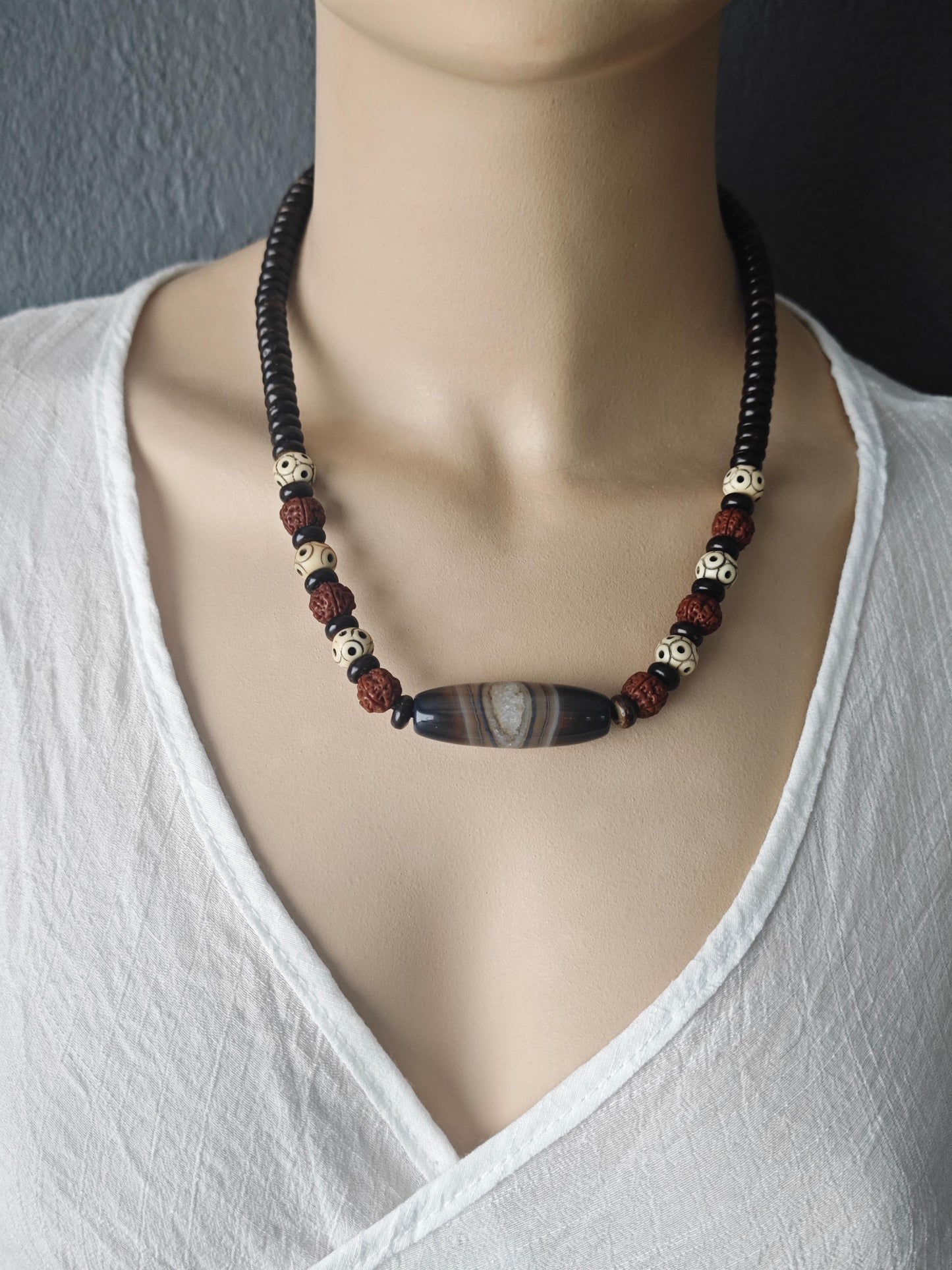 Handmade Sardonyx Agate Necklace with Rudraksha & Yak Bone, Ethnic Spiritual Boho Jewelry