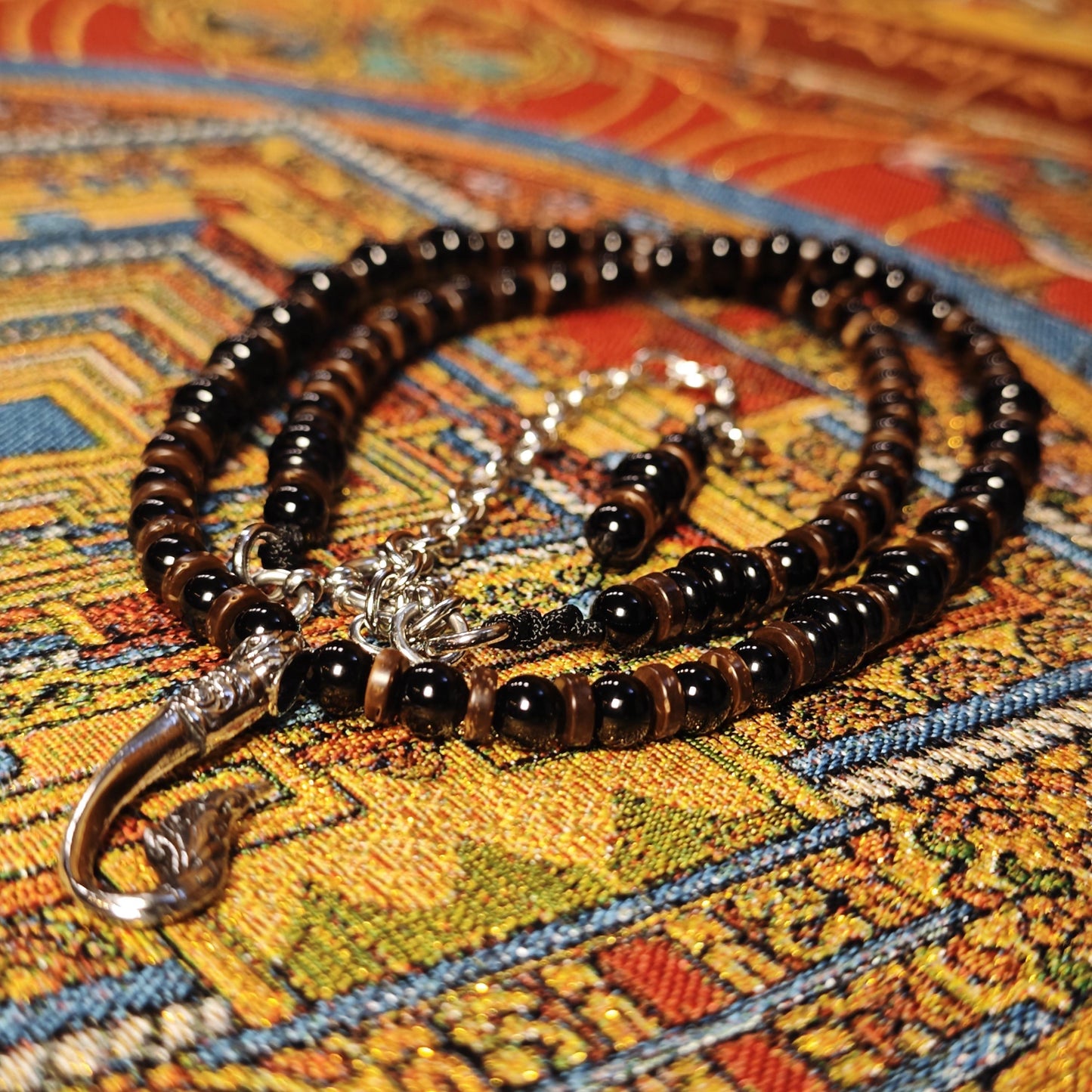Black Onyx Agate Beaded Necklace, Thai Naga Hook Pendant, Ethnic Tribal Boho Chic Jewelry