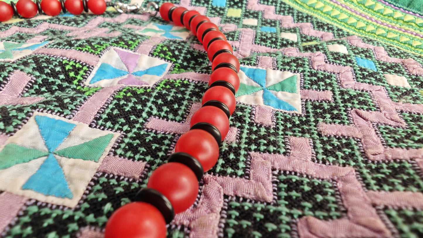 Red Chevron African Trade Bead Necklace, Nan Hong Agate, Coconut Disc, Stainless Steel Clasp