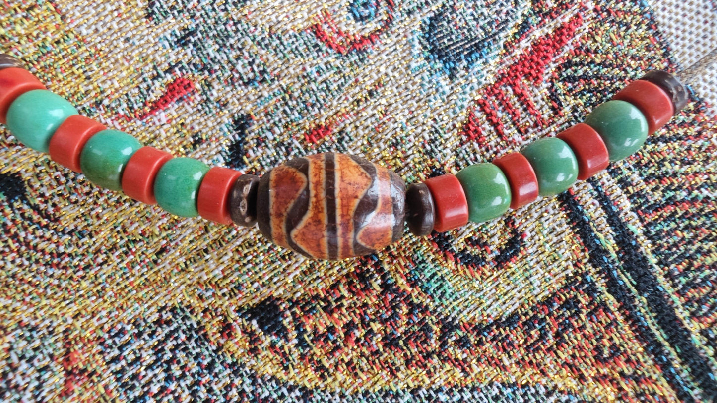 Vintage Tibetan Dzi Bead Necklace, Nan Hong Red Agate Turquoise Choker, Adjustable Ethnic Tribal Amulet, Spiritual Protection Pendant