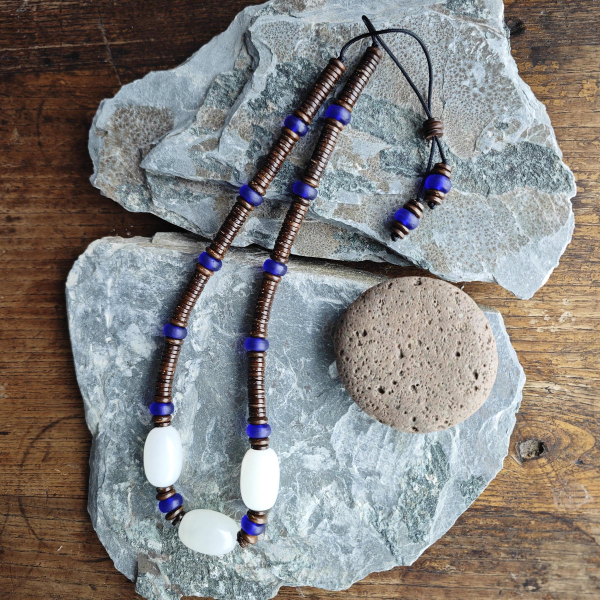 Mutton Fat White Jade Necklace, Cobalt Blue Liuli Bead Choker, Coconut Shell Heishi Chain, Zen Boho Jewelry, Unisex Gemstone Necklace 50cm
