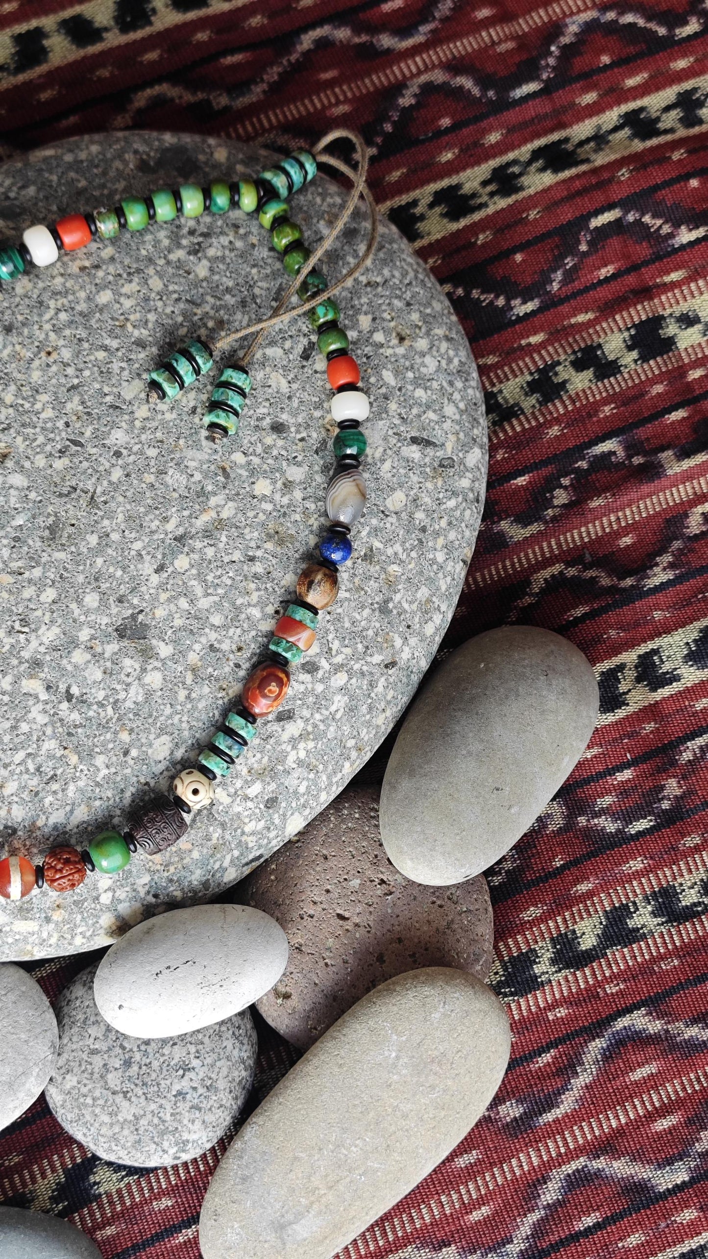 Vintage Tibetan Dzi Bead Multi Gemstone Necklace, Natural Turquoise Agate Rudraksha Mala, Ethnic Tribal Amulet Jewelry, Adjustable 47-62cm
