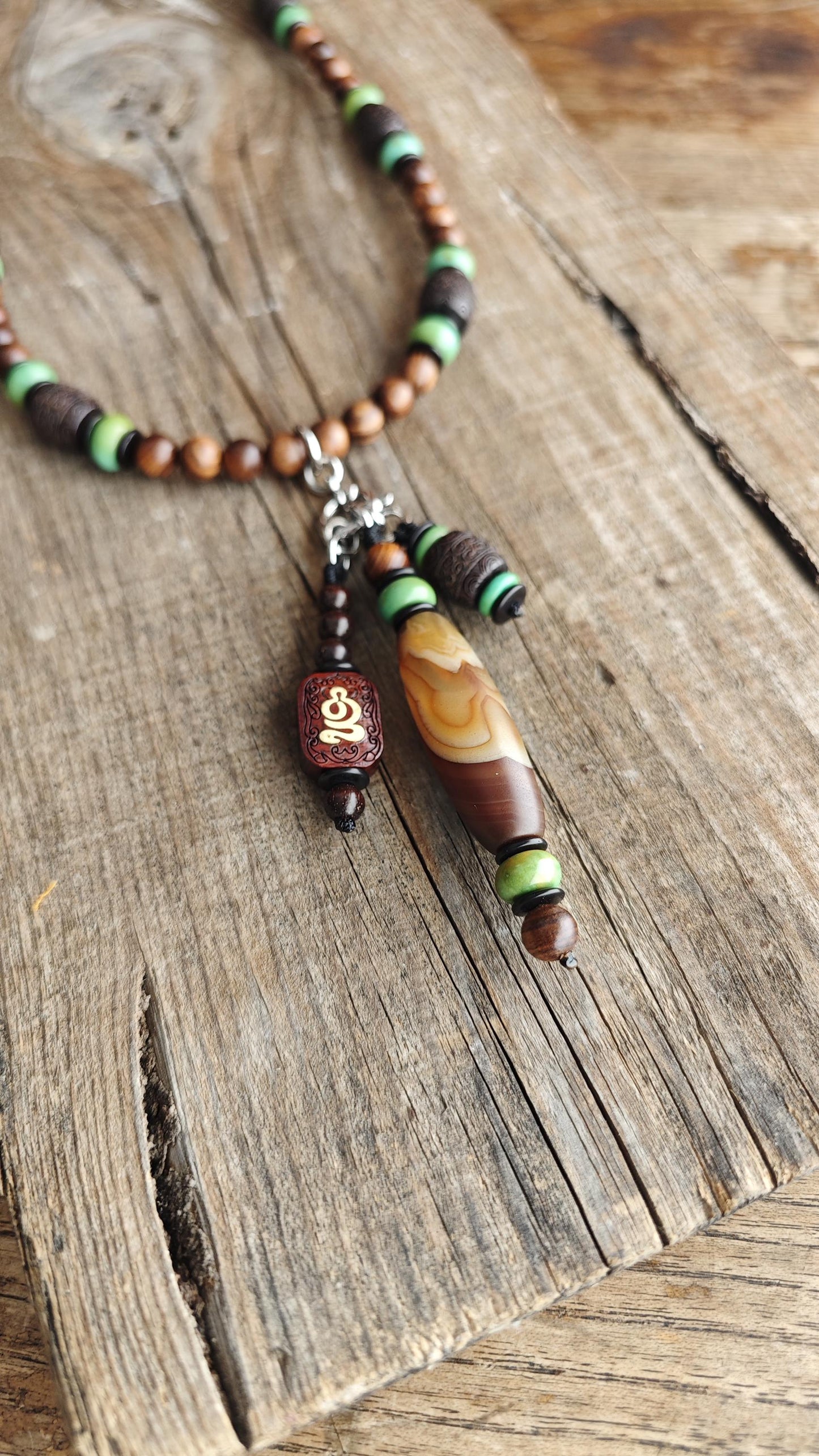 Vintage Tibetan Banded Agate Dzi Necklace, Hardwood Turquoise Mala Statement, Tribal Boho Amulet