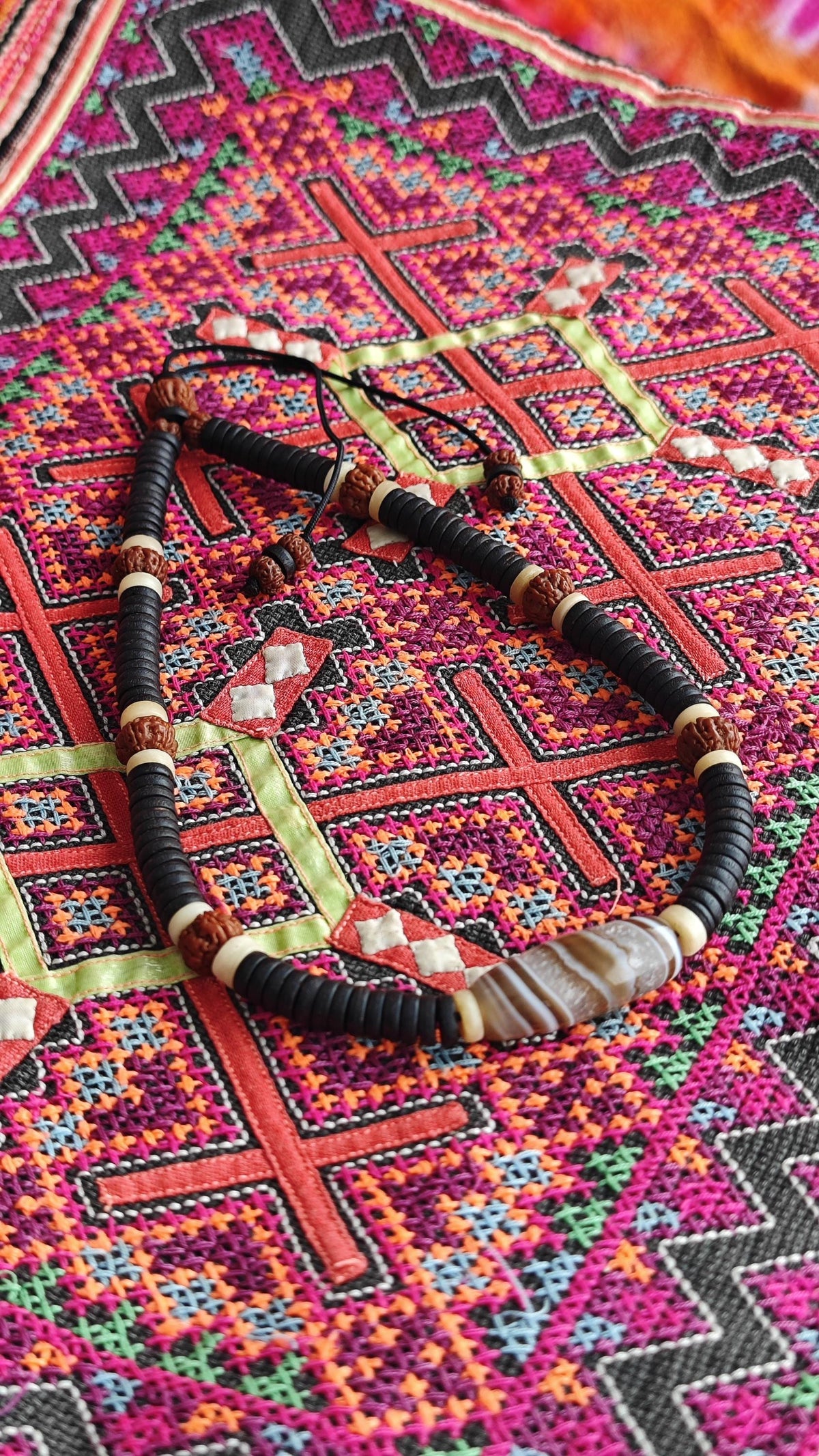 Natural Sardonyx Agate Bead Necklace, Rudraksha Mala Yak Bone Choker, Tribal Coconut Shell Amulet, Spiritual Protection, Adjustable 44-60cm