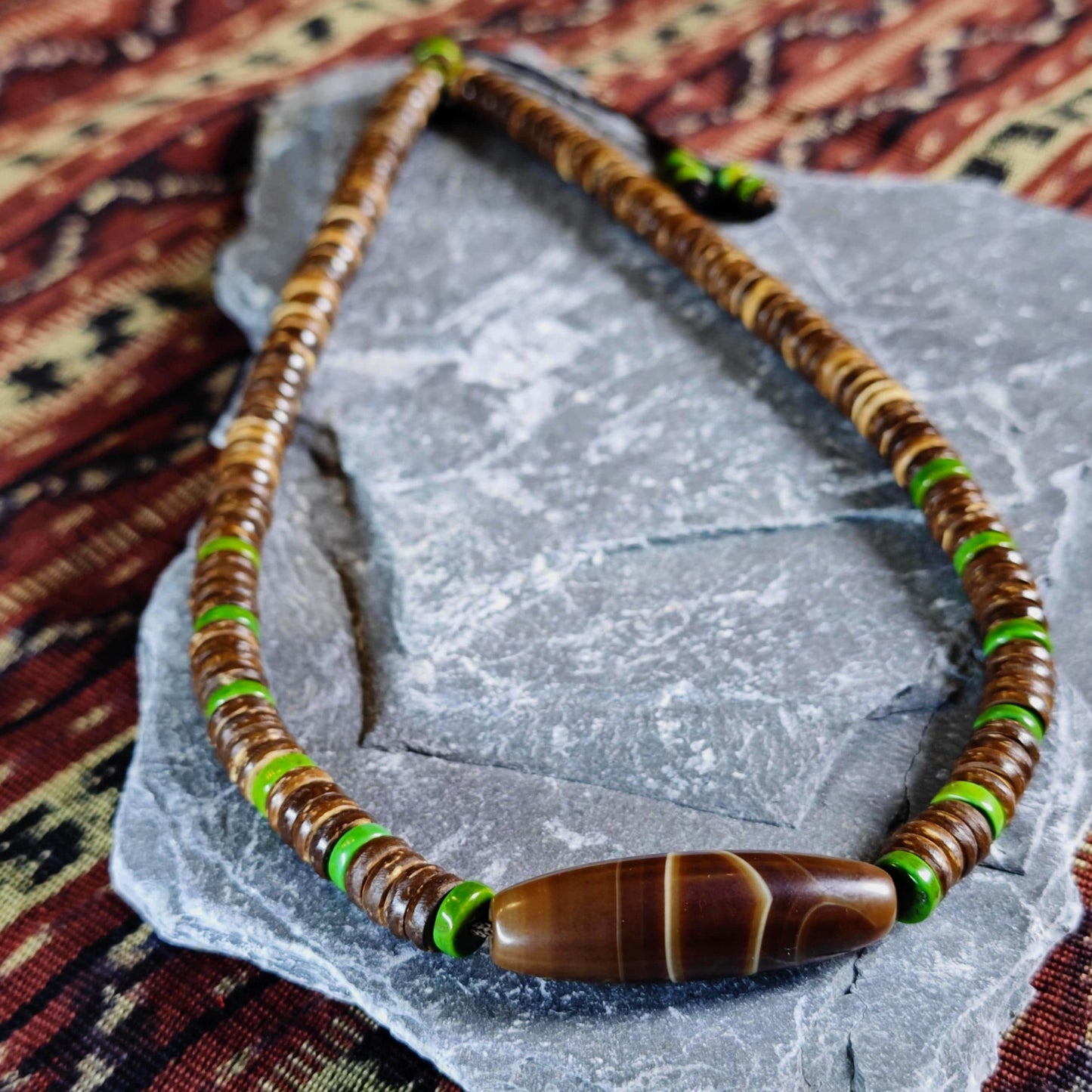 Tibetan Dzi Bead Necklace, Sardonyx Agate, Turquoise, Coconut Shell, Bohemian Jewelry