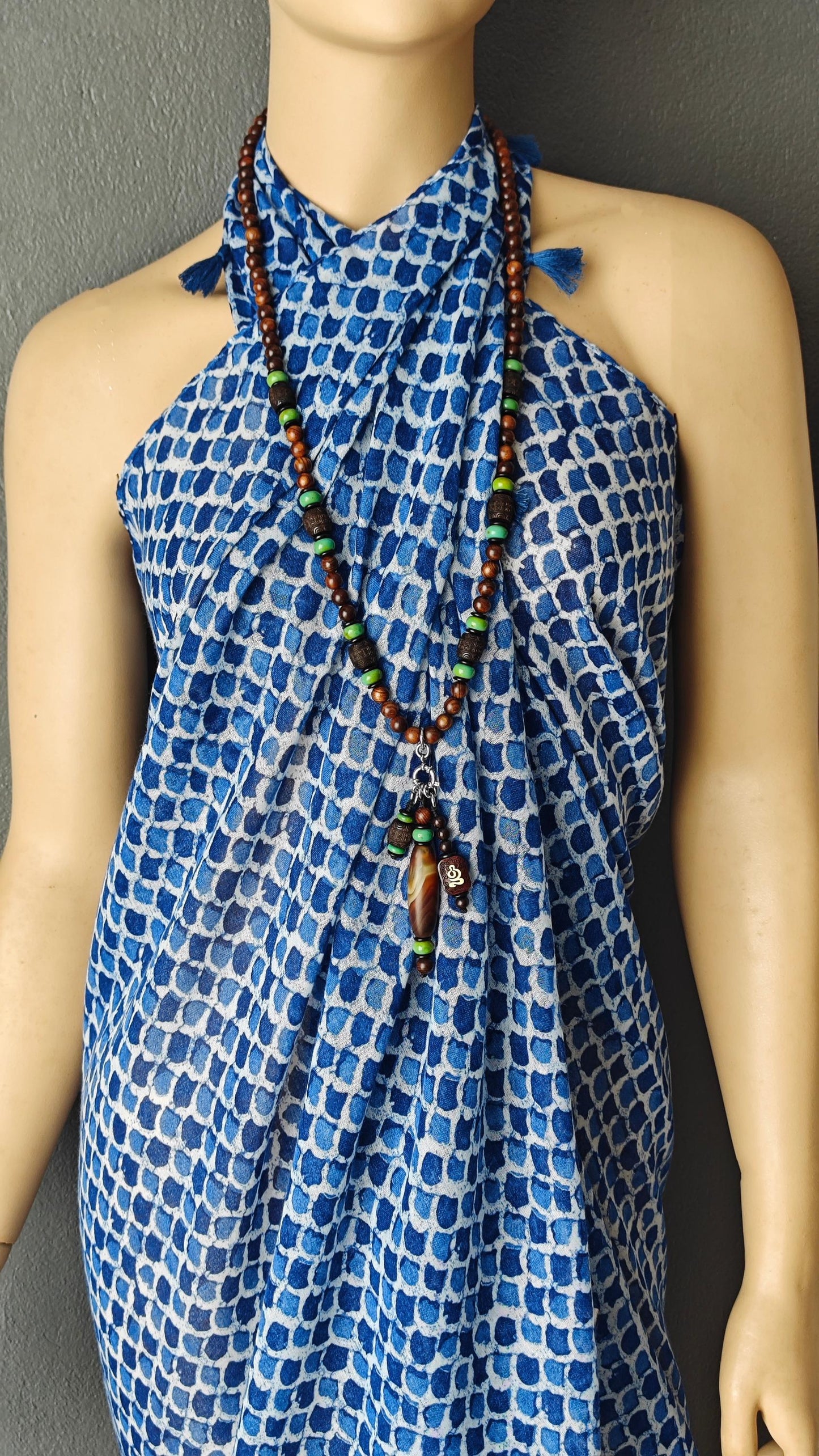 Vintage Tibetan Banded Agate Dzi Necklace, Hardwood Turquoise Mala Statement, Tribal Boho Amulet