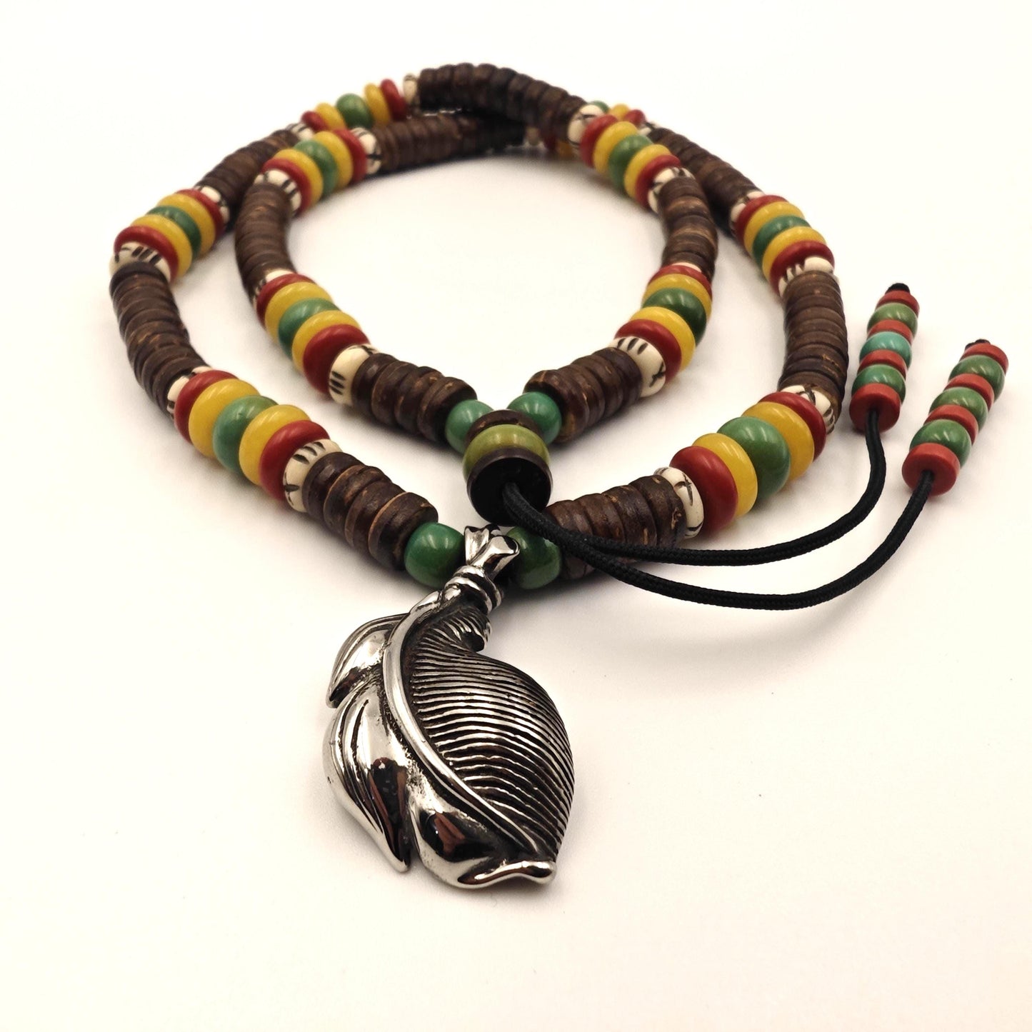 Boho Feather Pendant Beaded Necklace, Turquoise Yellow Jade Red Agate Choker, Yak Bone Tribal Surfer Jewelry, Unisex Gemstone Necklace 58cm