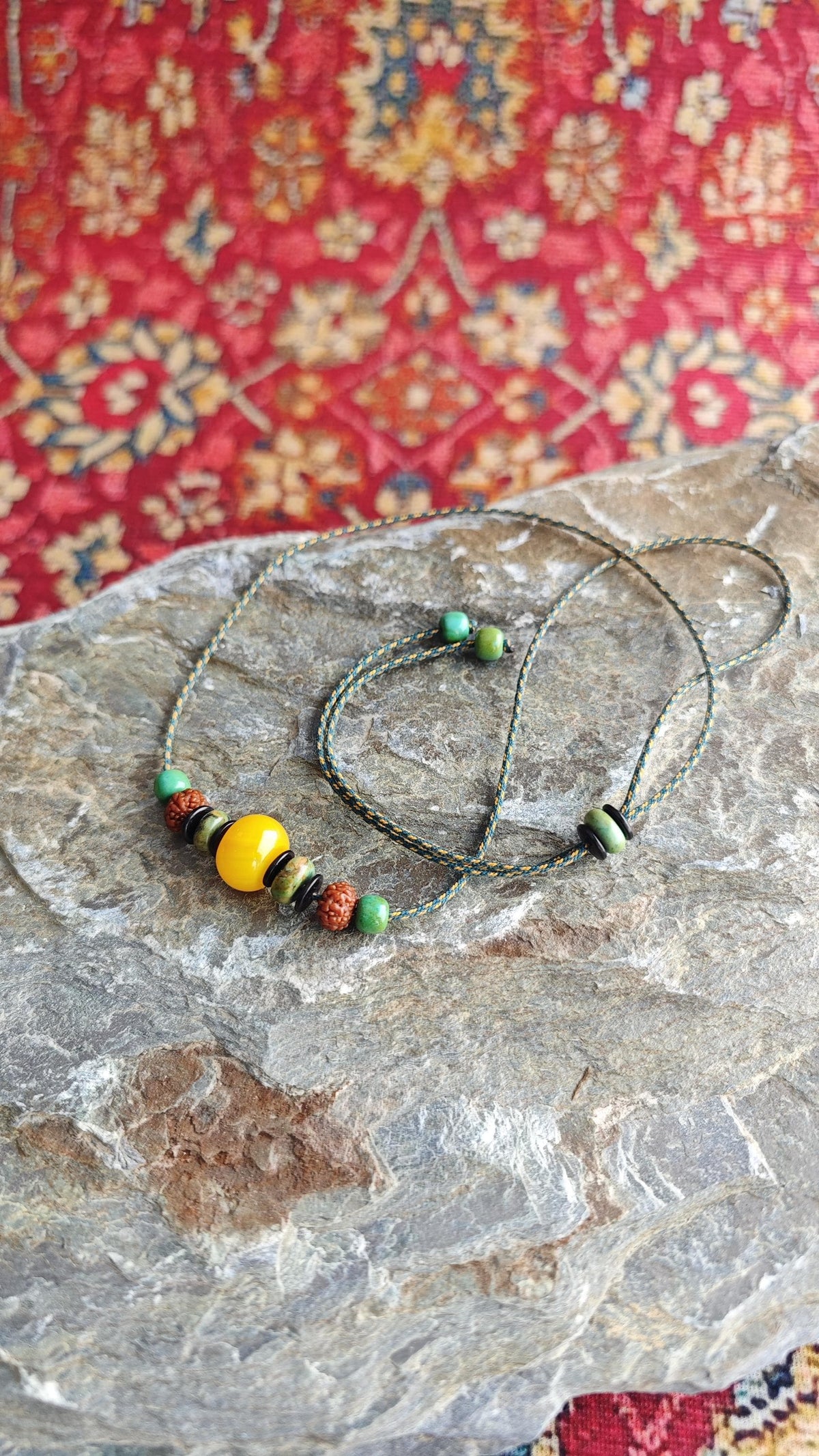 Natural Yellow Jade Focal Bead Necklace, Turquoise Rudraksha Mala Choker, Coconut Shell Ethnic Tribal Jewelry, Unisex Adjustable 42-70cm
