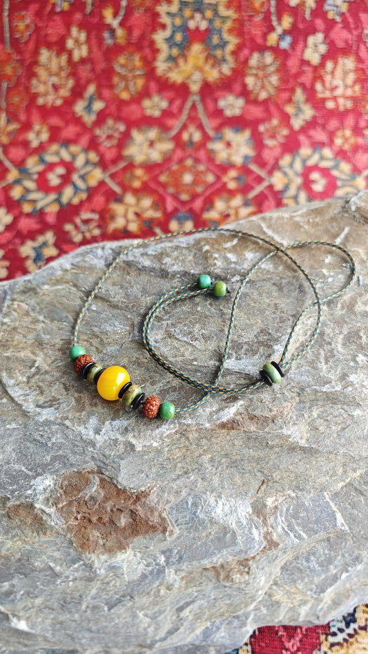 Natural Yellow Jade Focal Bead Necklace, Turquoise Rudraksha Mala Choker, Coconut Shell Ethnic Tribal Jewelry, Unisex Adjustable 42-70cm