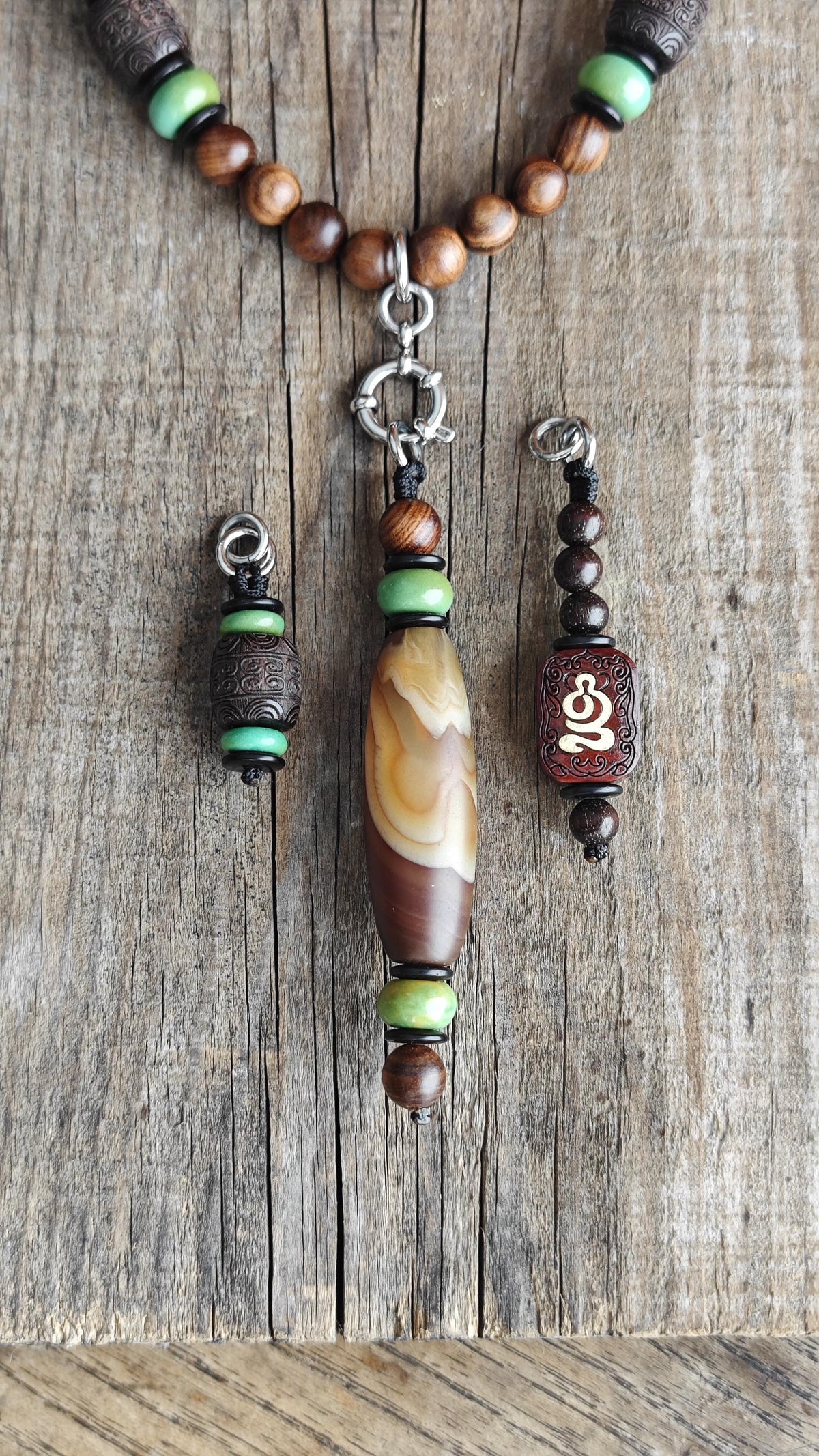 Vintage Tibetan Banded Agate Dzi Necklace, Hardwood Turquoise Mala Statement, Tribal Boho Amulet