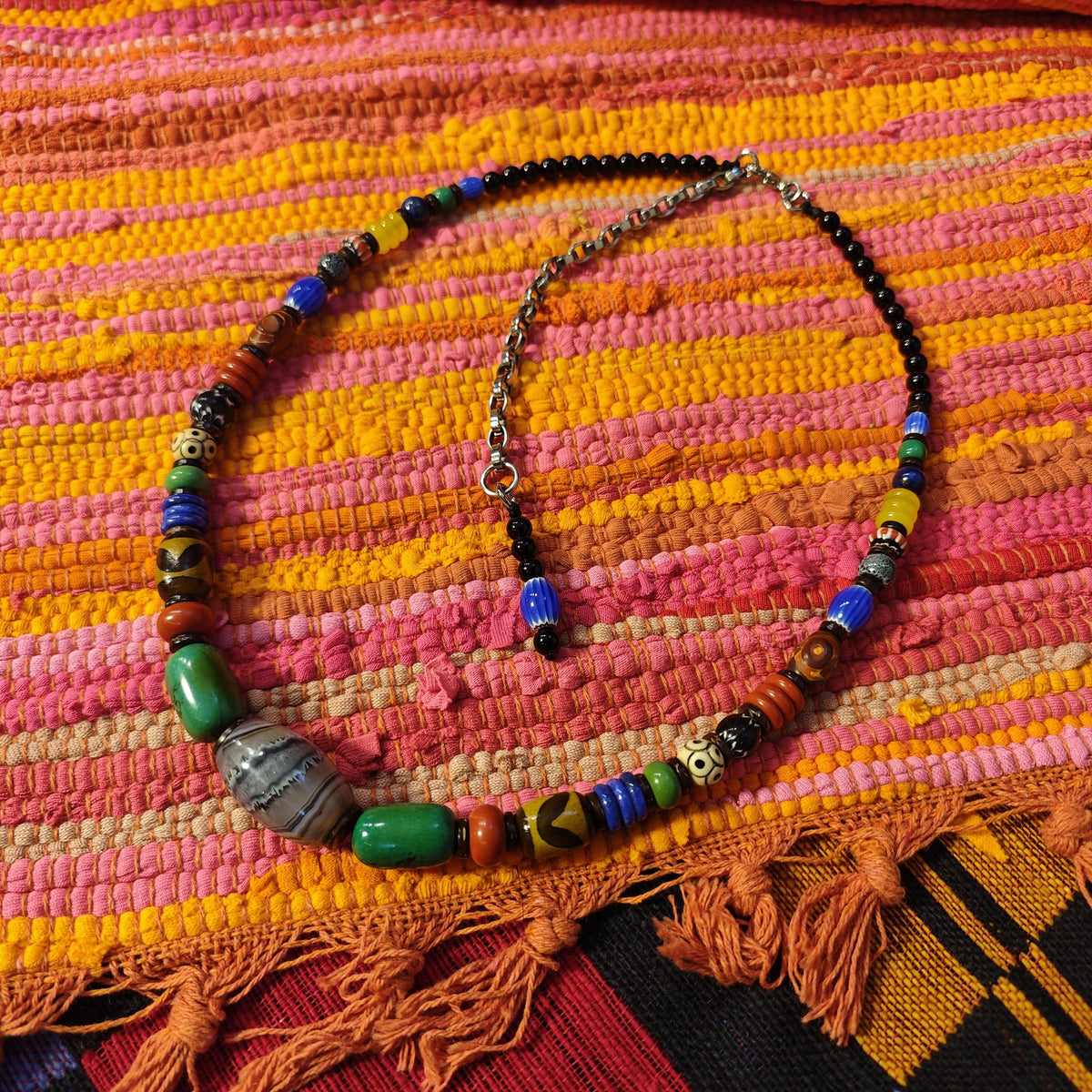 Handmade Multi Gemstone Necklace with Sardonyx, Turquoise & Mini Dzi Bead | Ethnic Bohemian Jewelry