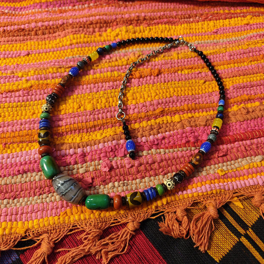 Handmade Multi Gemstone Necklace with Sardonyx, Turquoise & Mini Dzi Bead | Ethnic Bohemian Jewelry