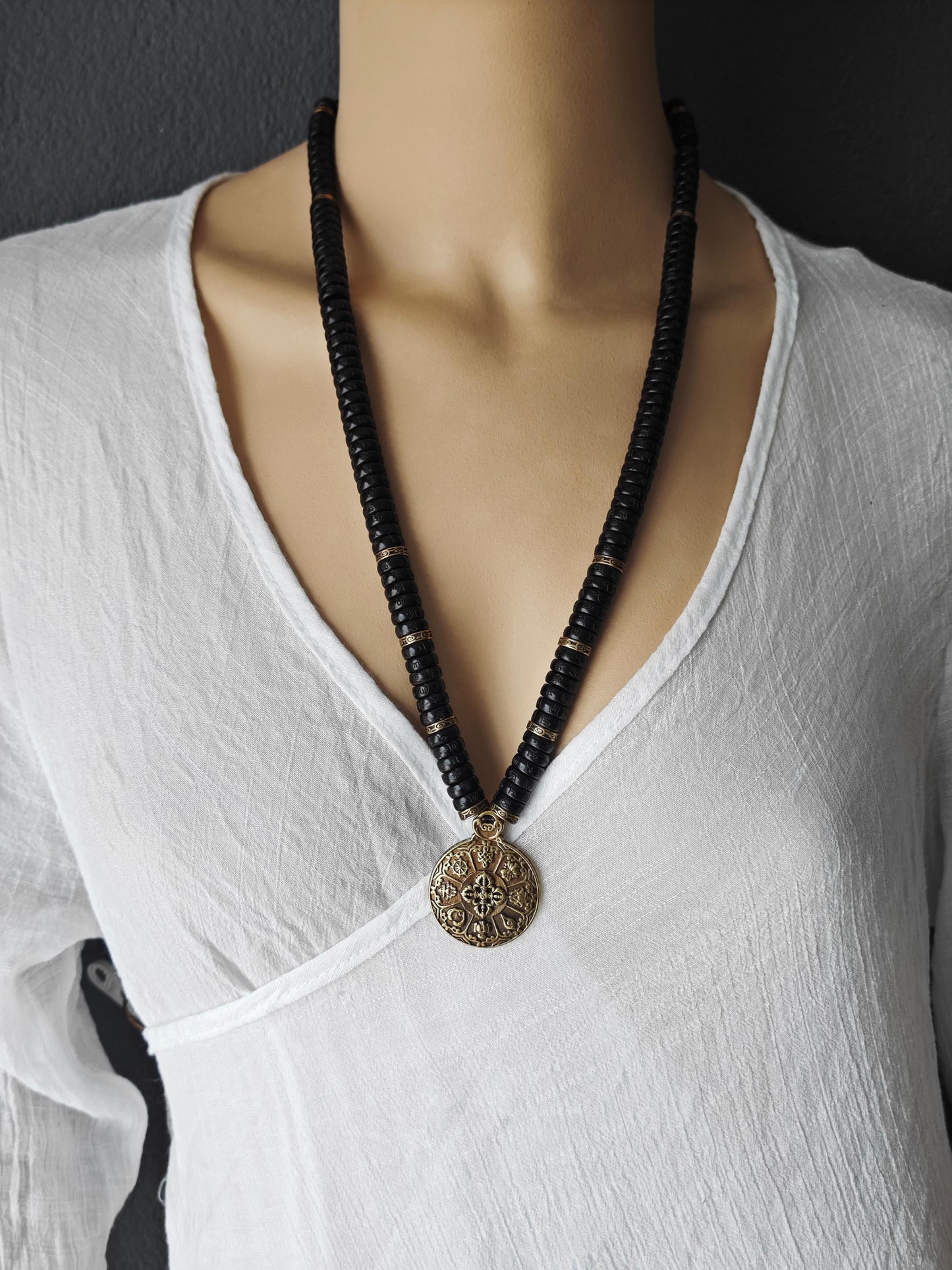 Handmade Copper Pendant Necklace, Om Mani Padme Hum Coconut Beads, Tibetan Ethnic Spiritual Jewelry
