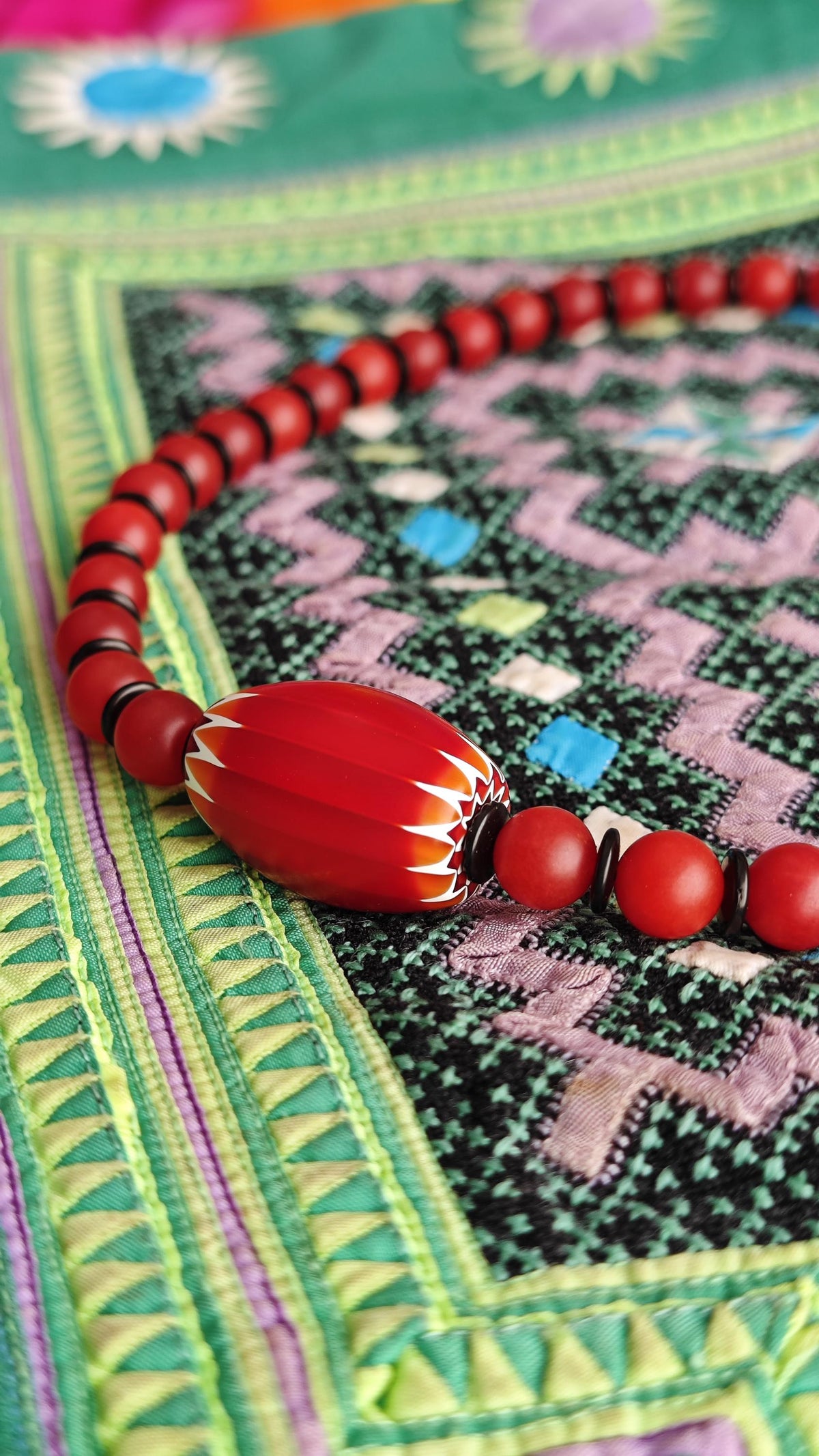 Red Chevron African Trade Bead Necklace, Nan Hong Agate, Coconut Disc, Stainless Steel Clasp