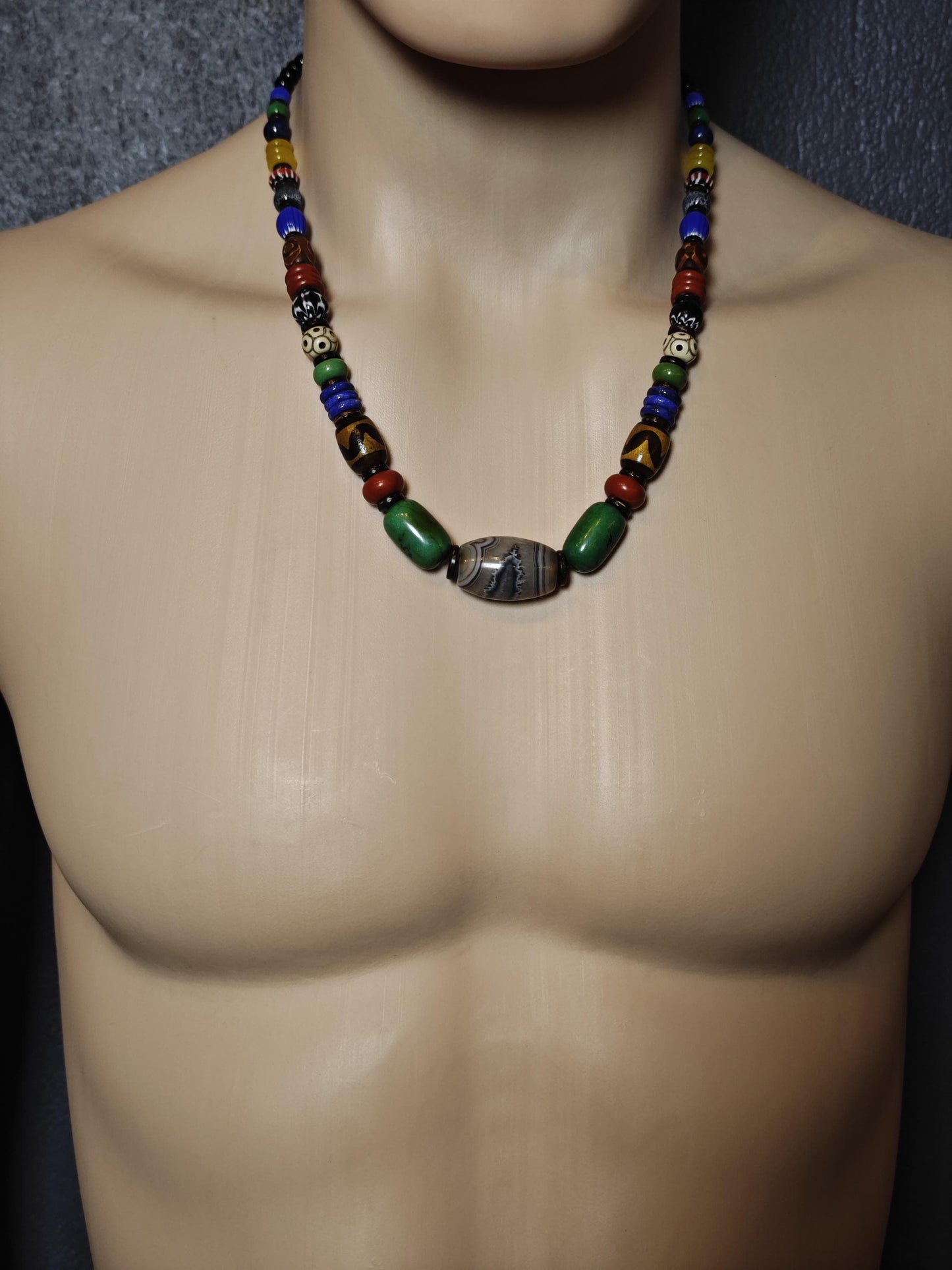 Handmade Multi Gemstone Necklace with Sardonyx, Turquoise & Mini Dzi Bead | Ethnic Bohemian Jewelry