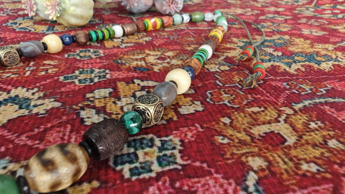 Vintage Tibetan 9 Eye Dzi Bead  Multi Gemstone Necklace, Handcarved Om Mani Padme Hum, Ethnic Tribal Amulet 62-80cm