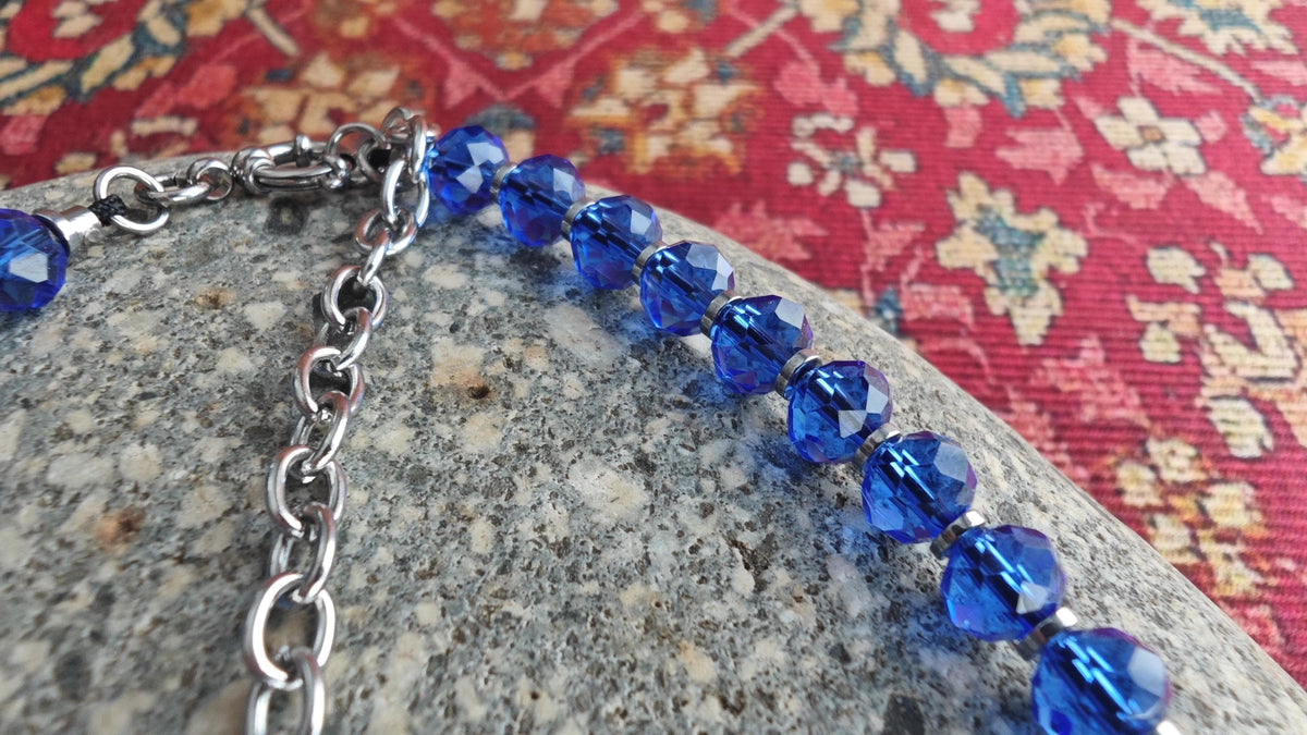 Cobalt Royal Blue Liuli Beaded Necklace Earring Set, Hematite Spacer, 925 Sterling Silver Hook, Handmade Glass Jewelry Set, 42-50cm