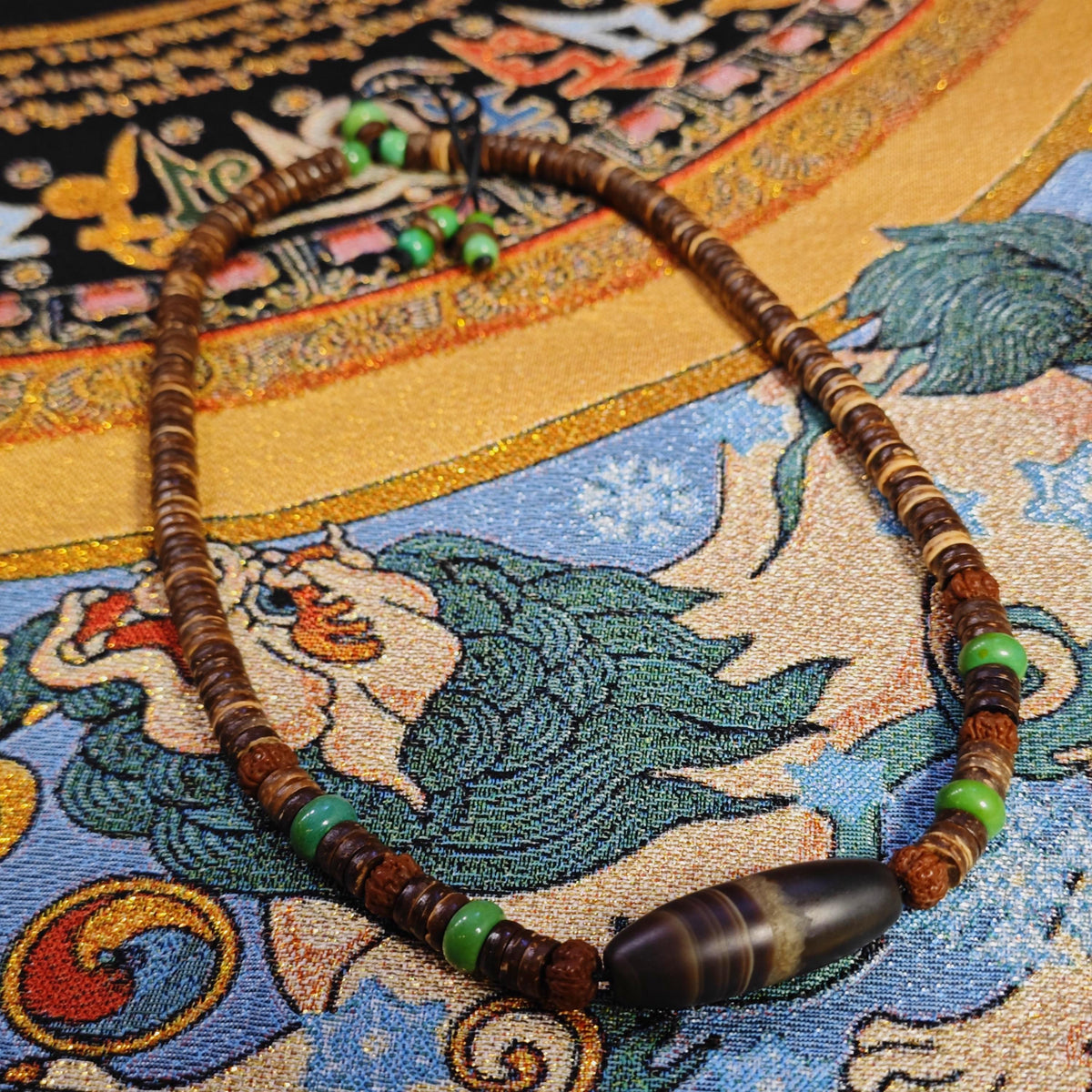 Tibetan Dzi Bead Necklace, Turquoise, Rudraksha, Coconut Shell, Ethnic Boho Jewelry