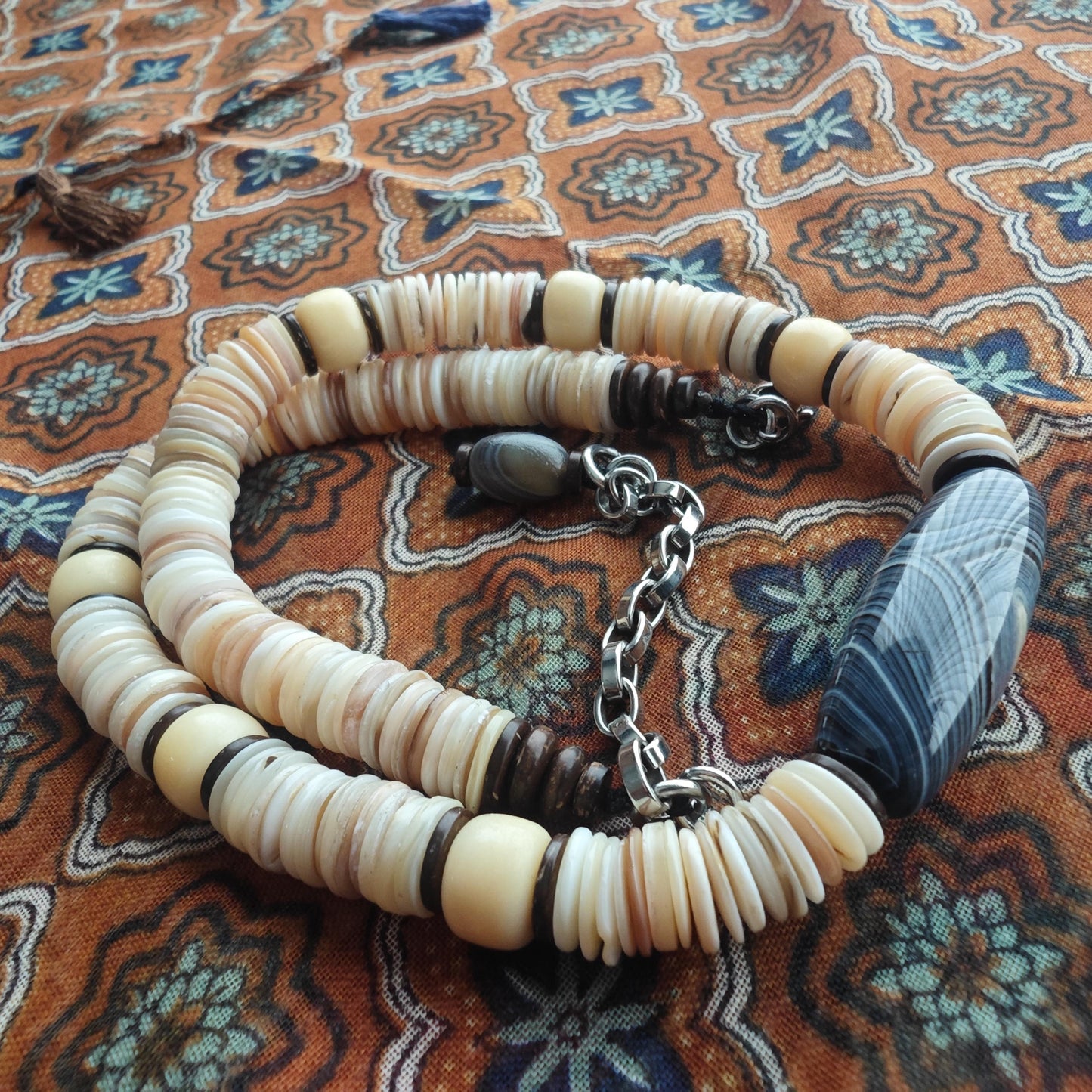Banded Agate Statement Necklace, Natural Yak Bone Choker, Coconut Disc Beaded Chain, Tribal Boho Amulet, Adjustable Men Women Gift 52-64cm