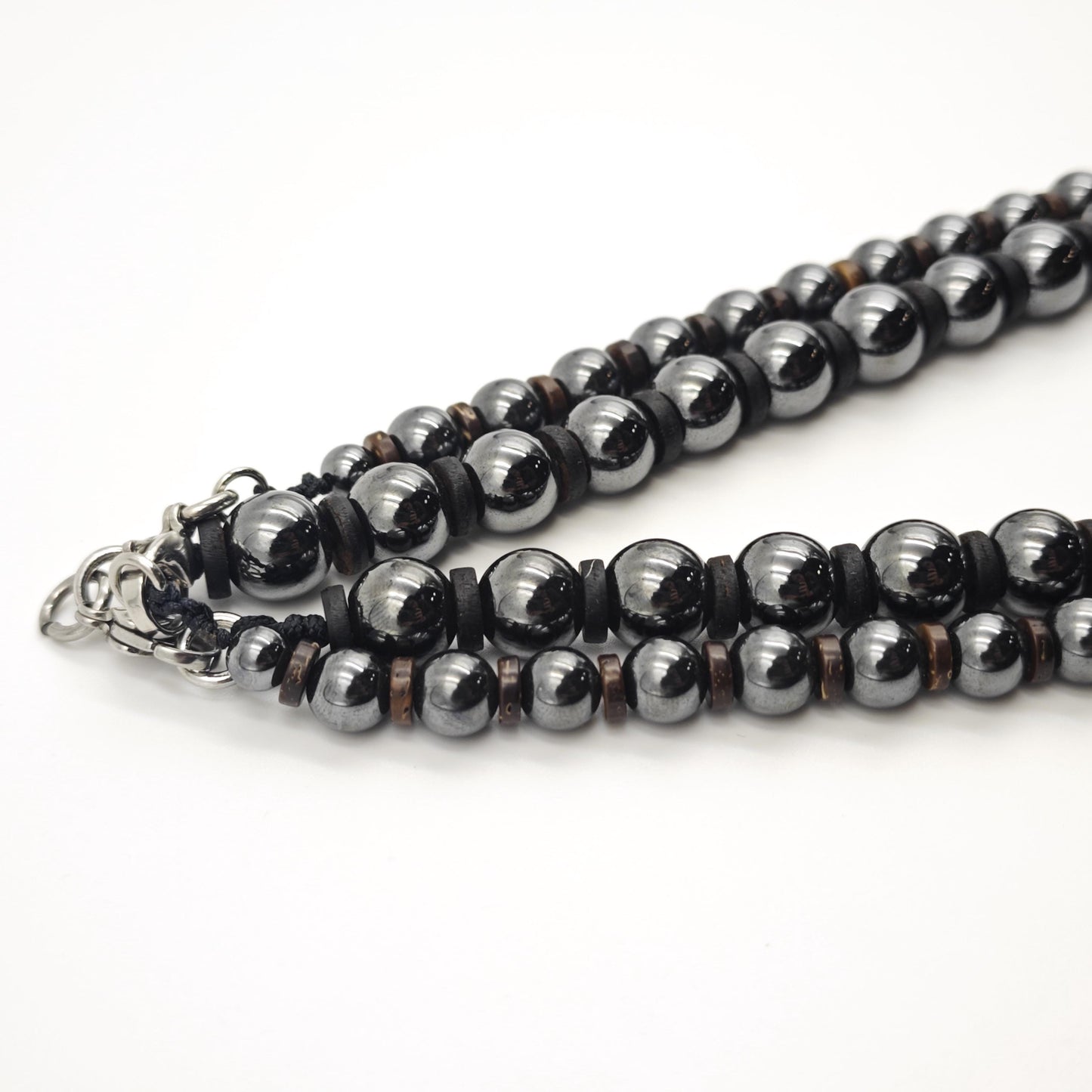 Hematite Beaded Necklace, Coconut Shell Surfer Choker, Metallic Black Stone Jewelry, Unisex Layering Chain, Couples Matching Gift, 54cm 56cm