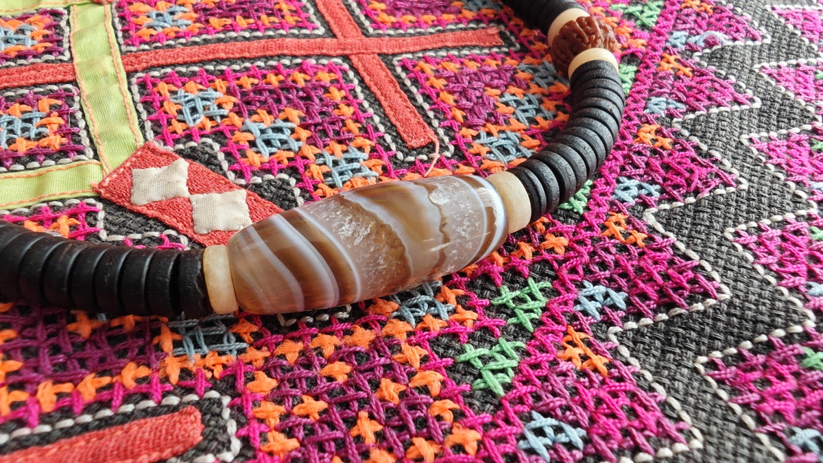 Natural Sardonyx Agate Bead Necklace, Rudraksha Mala Yak Bone Choker, Tribal Coconut Shell Amulet, Spiritual Protection, Adjustable 44-60cm