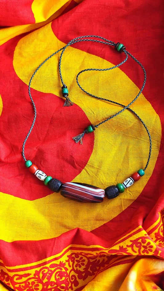 Tibetan Banded Dzi Bead Necklace, Hand Carved Yak Bone & Hardwood, Turquoise Tribal Amulet, Boho Adjustable Cord Choker for Men Women