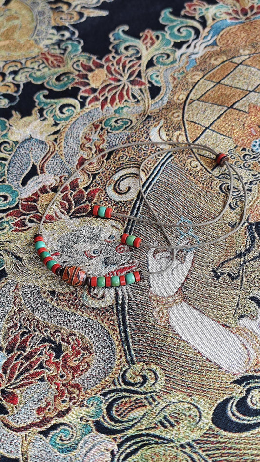 Vintage Tibetan Dzi Bead Necklace, Nan Hong Red Agate Turquoise Choker, Adjustable Ethnic Tribal Amulet, Spiritual Protection Pendant