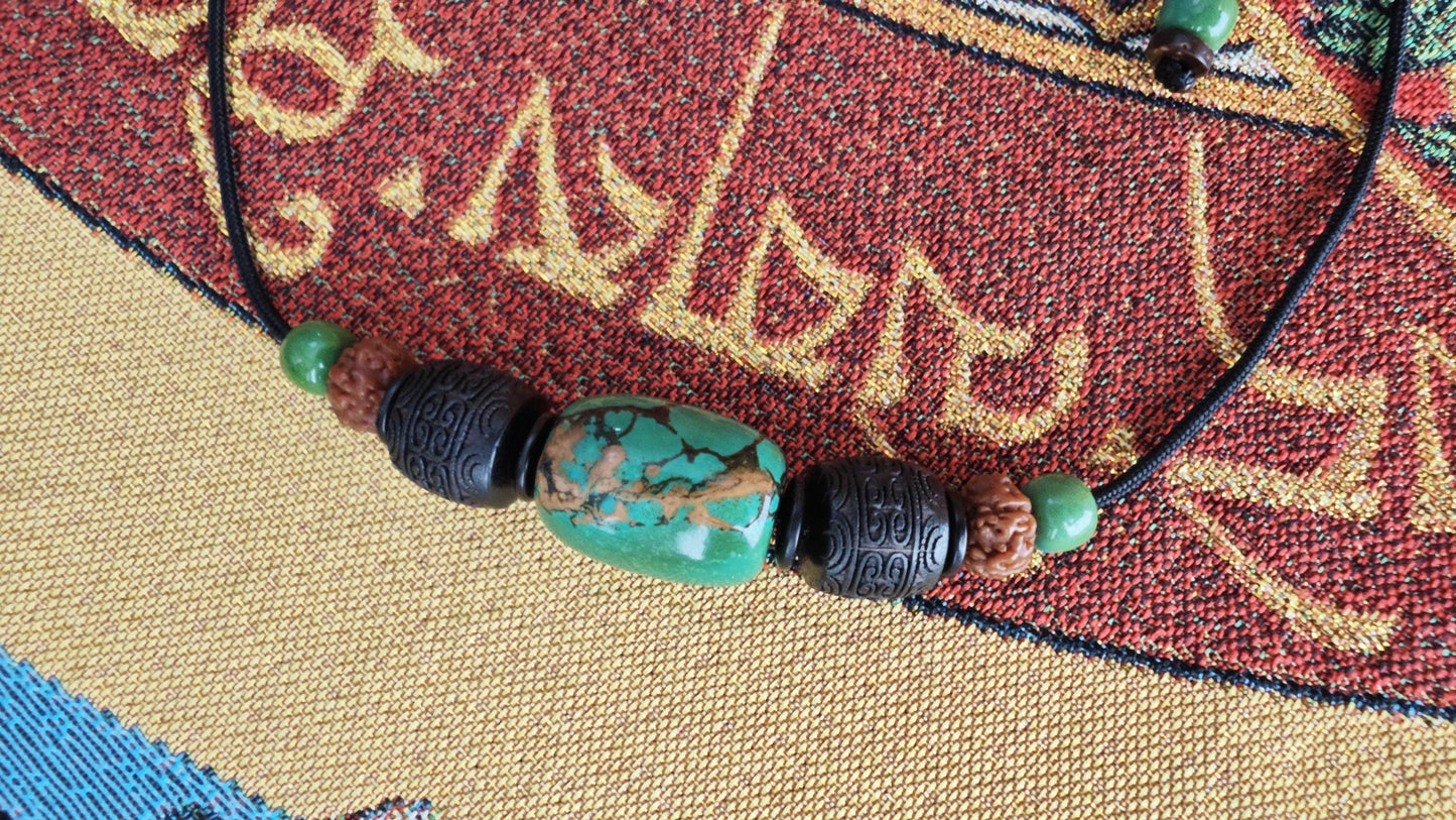 Genuine Turquoise Barrel Necklace, Hand Carved Hardwood Choker, Rudraksha Mala Beads, Tribal Boho Amulet 40-65cm