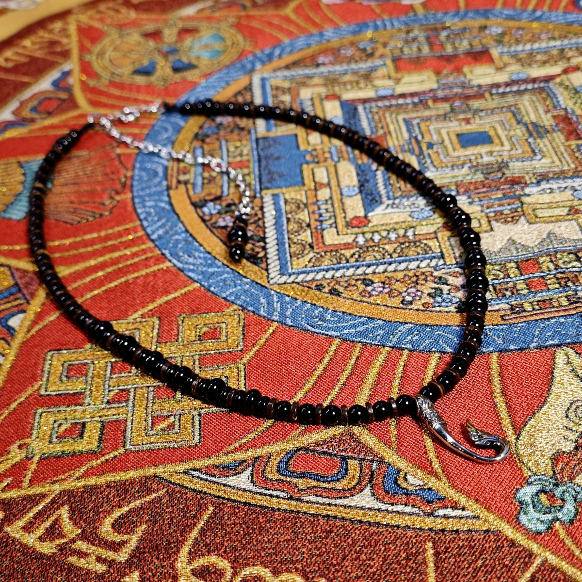 Black Onyx Agate Beaded Necklace, Thai Naga Hook Pendant, Ethnic Tribal Boho Chic Jewelry
