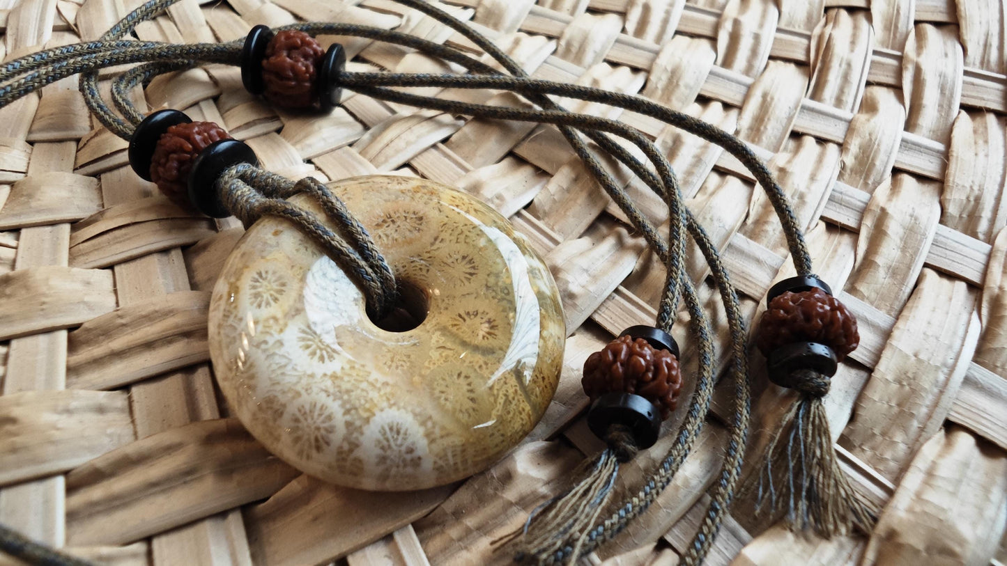 Coral Fossil Donut Pendant, Fossilized Coral Pi Disc Necklace, Rudraksha Mala Bead, Tribal Boho Amulet, Adjustable Cord Gift 40-70cm